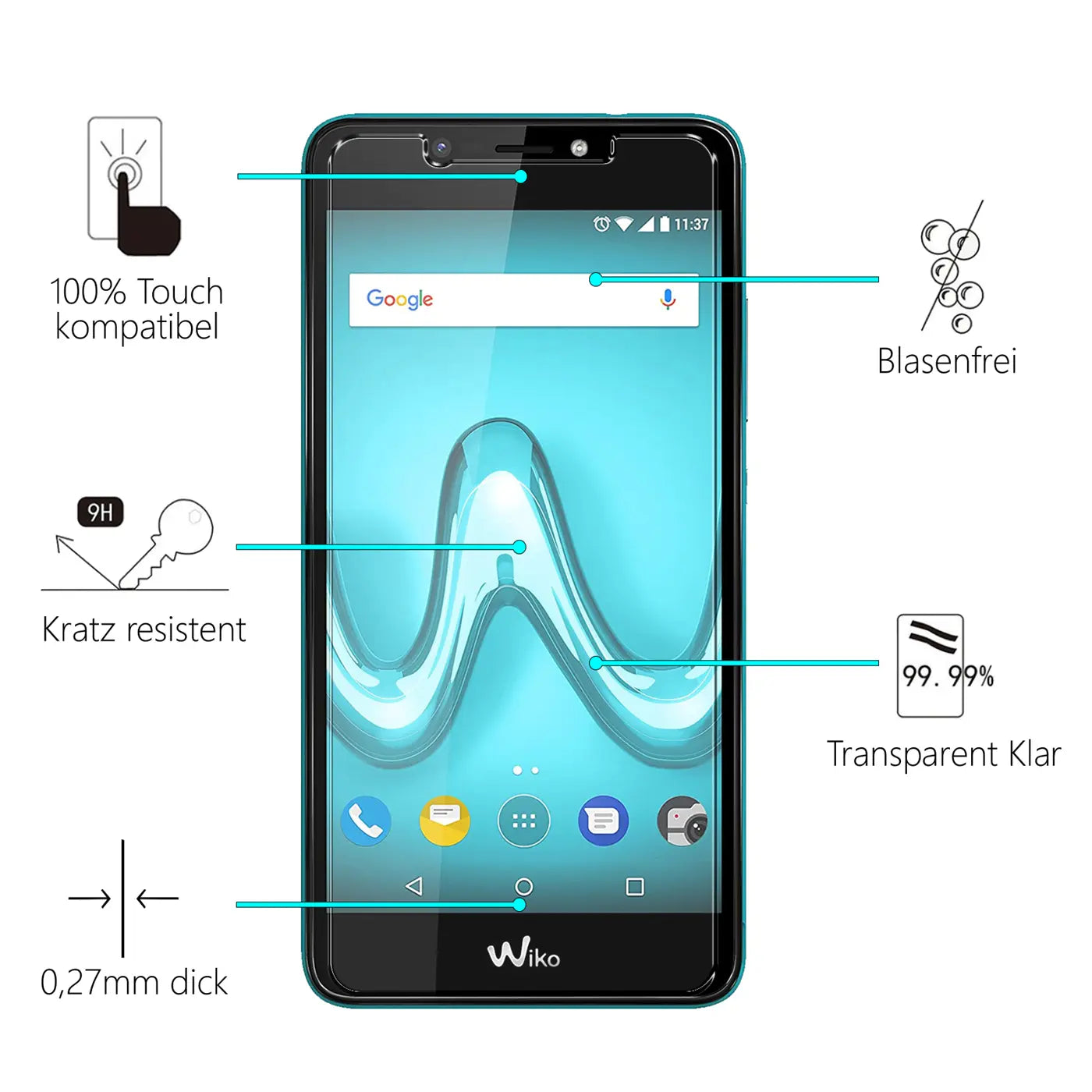 Schwarzes Wiko Tommy 2 Plus Smartphone mit transparentem Panzerglas-Displayschutz, frontal, leicht schräg von oben.