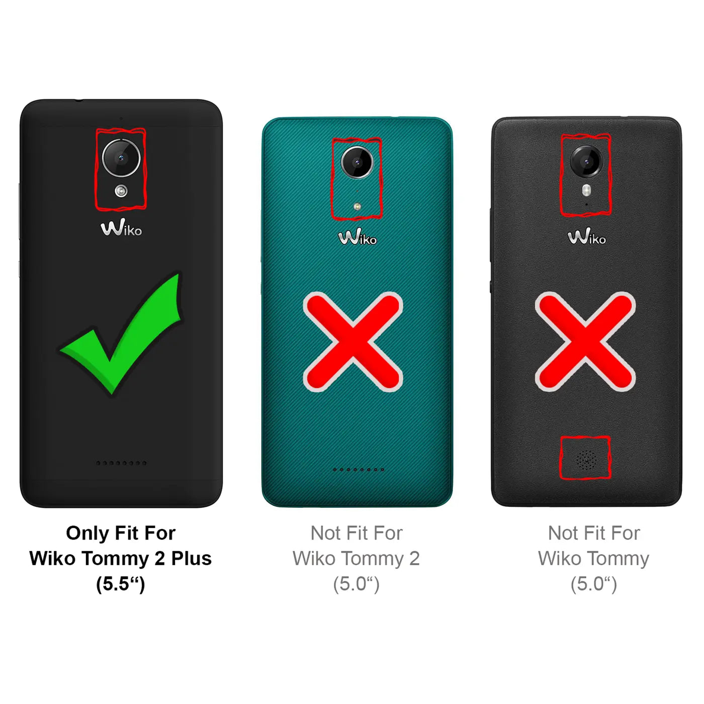 Drei Smartphone-Rückseiten (Wiko Tommy 2 Plus, Tommy 2, Tommy) von oben, schwarz und türkis, mit Kameraausschnitten.