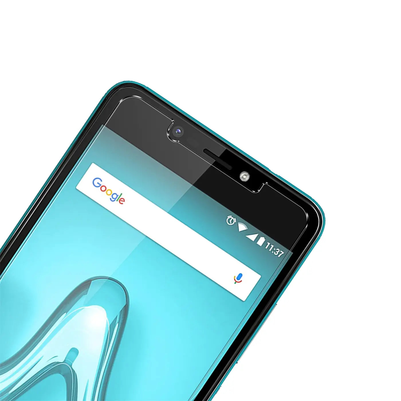 Nahaufnahme des oberen Bereichs eines schwarzen Wiko Tommy 2 Plus Handys mit aufgebrachtem, transparentem Panzerglas.