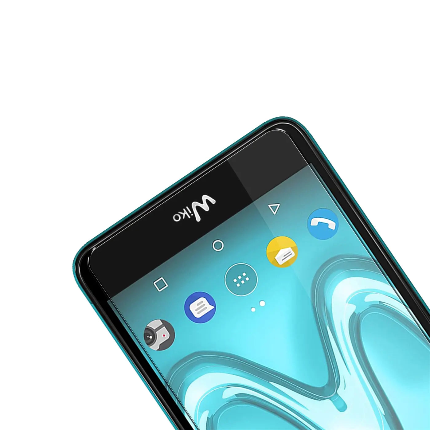 Nahaufnahme des oberen rechten Bereichs eines schwarzen Wiko Tommy 2 Plus Smartphones mit blauem Display, schräg von oben.