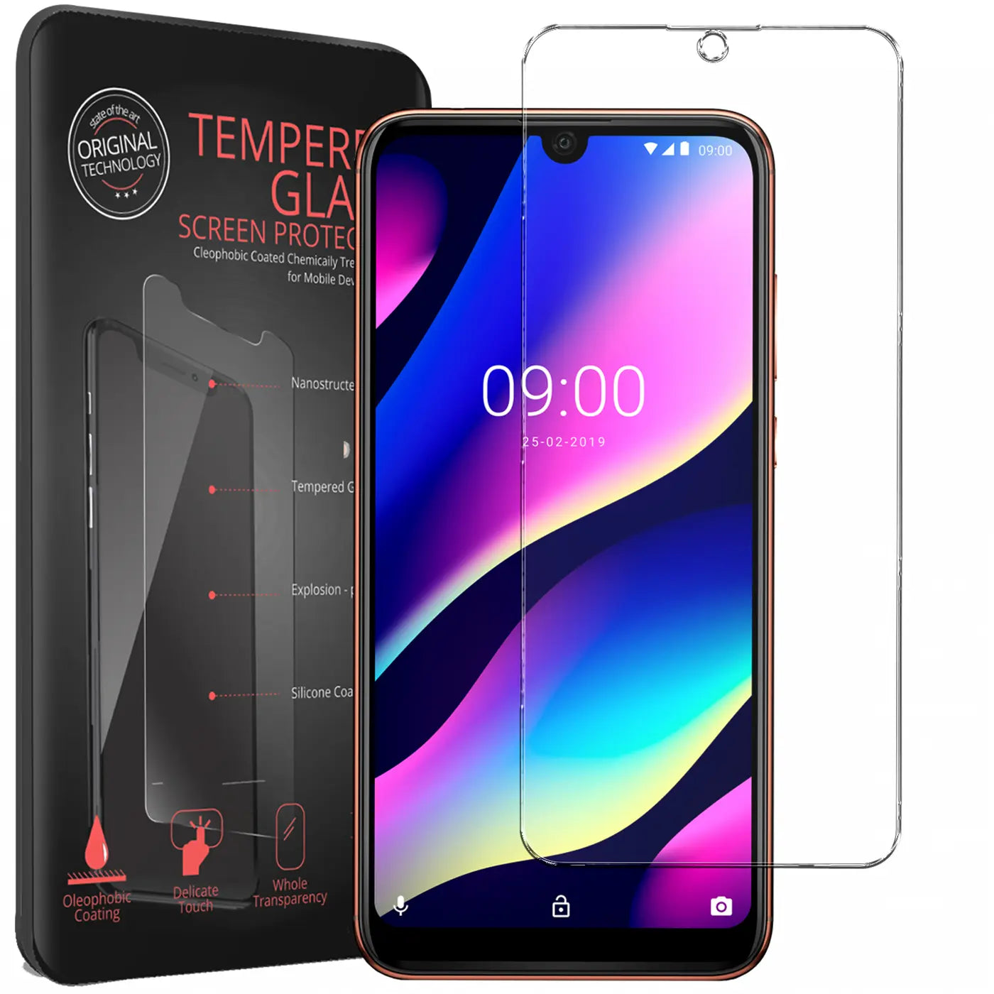Schwarze Verpackung, Wiko View 3 Smartphone mit bunten Display und transparentes Panzerglas von vorne.