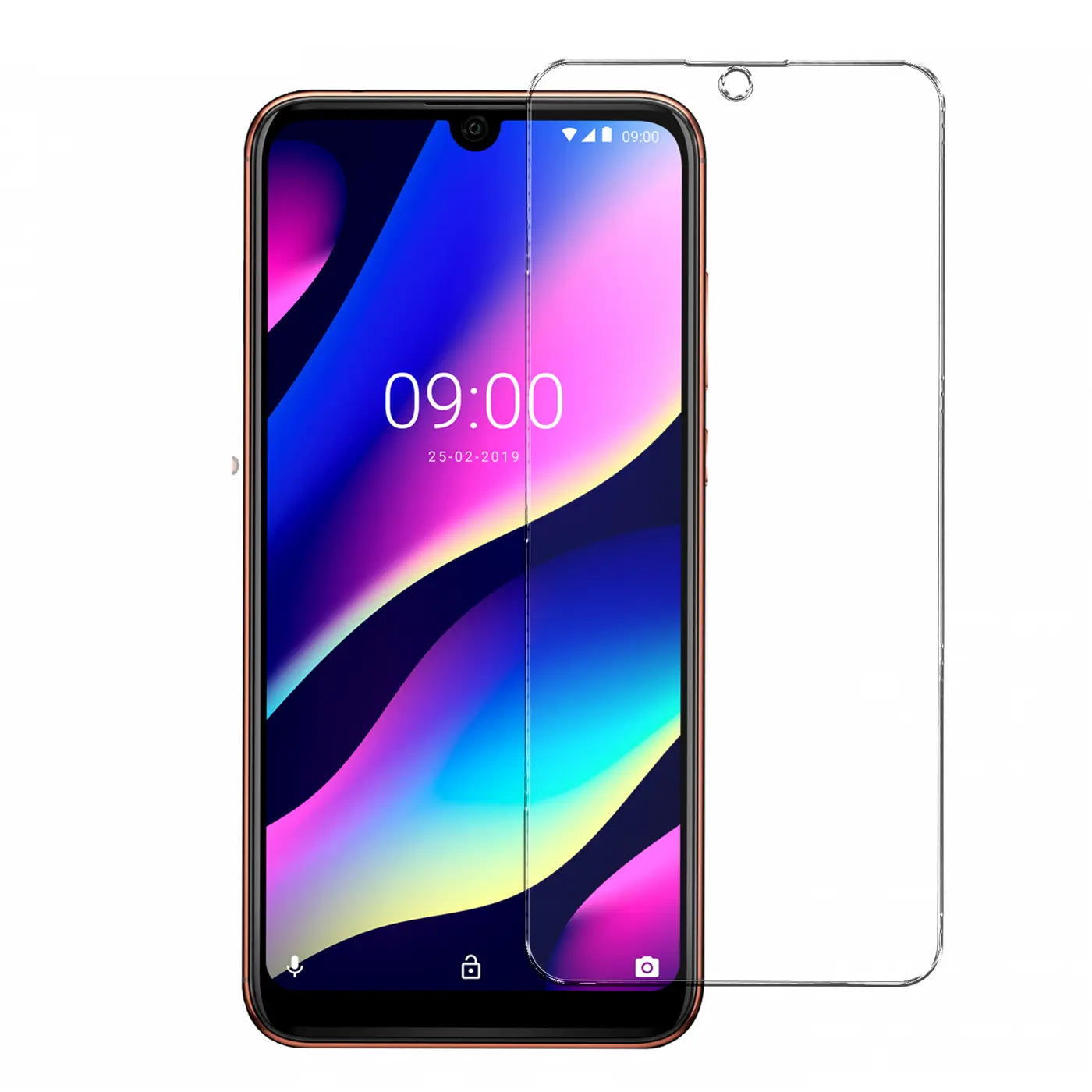 Transparenter Panzerglas Displayschutz mit Aussparung für Notch, neben einem Wiko View 3 Smartphone.
