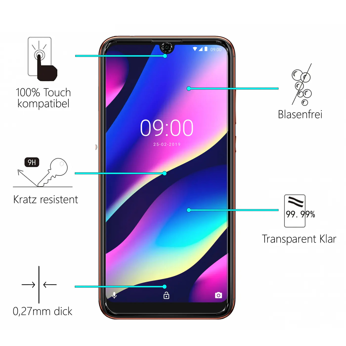 Wiko View 3 Smartphone mit Panzerglas-Displayschutz, frontal, umgeben von Icons für kratzresistent, blasenfrei, etc.