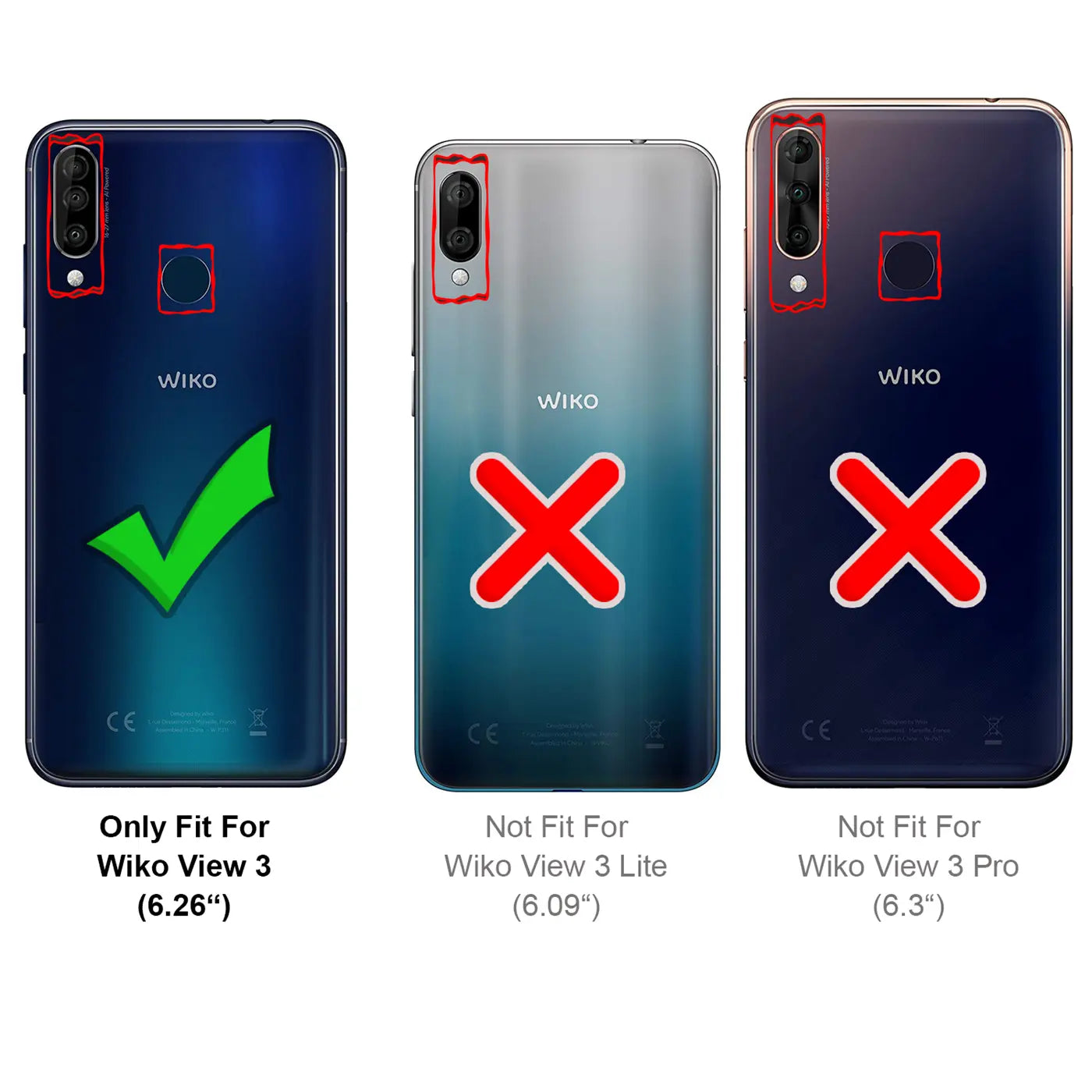 Rückansicht von 3 Wiko Smartphones: links blau (View 3, Haken), Mitte hellblau (View 3 Lite, X), rechts dunkelblau (View 3.
