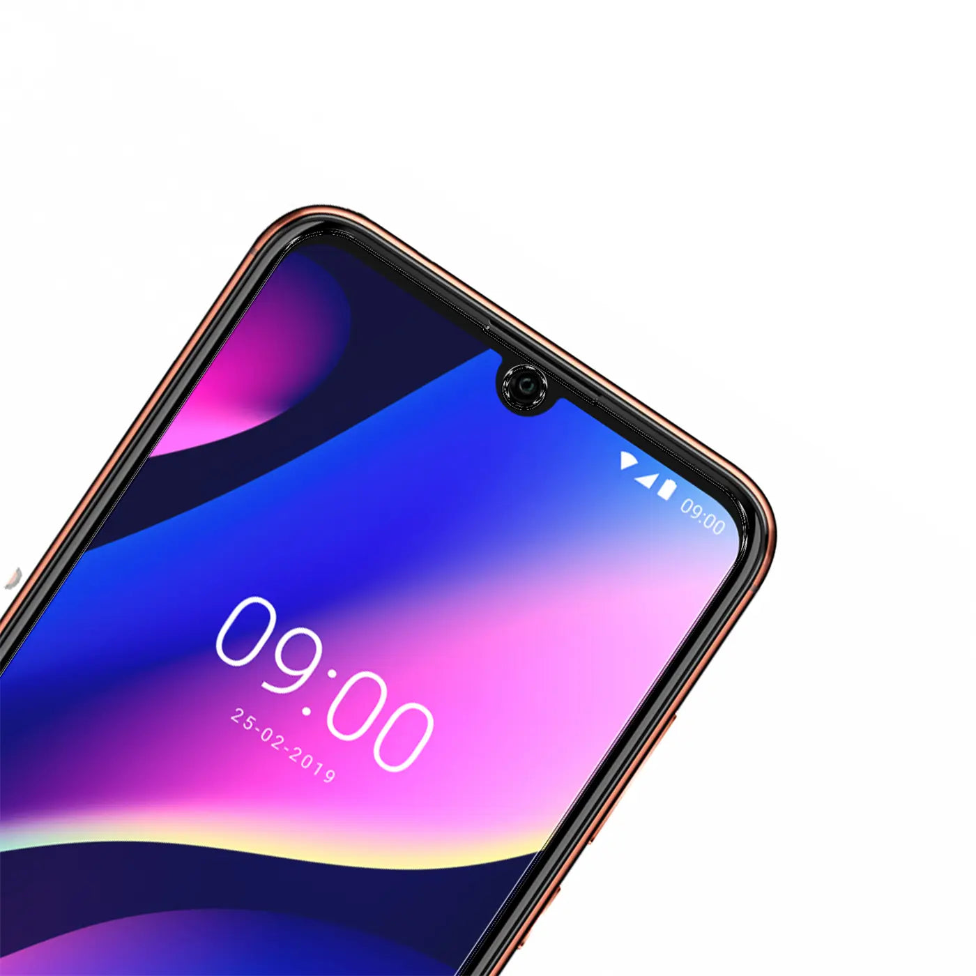 Nahaufnahme eines Wiko View 3 Smartphones mit schwarzem Rahmen und Wassertropfen-Notch, schräg von oben.
