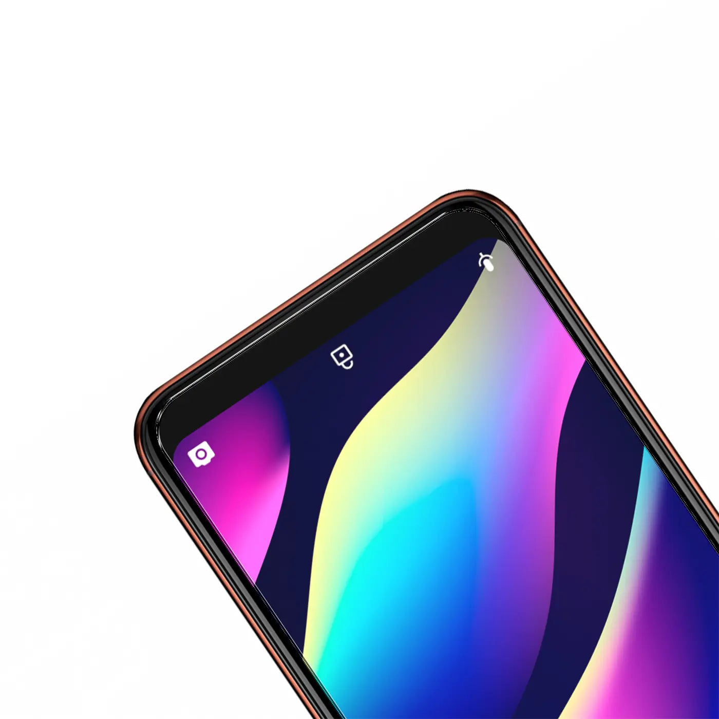 Nahaufnahme eines Wiko View 3 Smartphones mit schwarzem Rahmen und buntem Display, schräg von oben rechts.