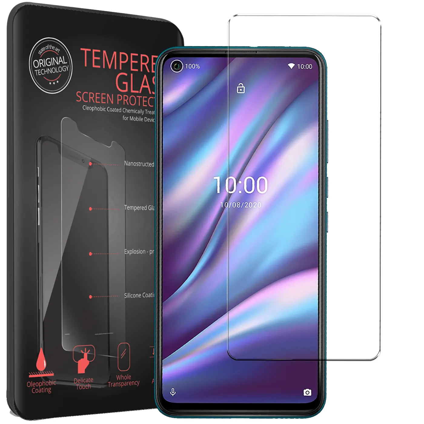 Schwarze Verpackung, Wiko View 5/5 Plus Handy mit angebrachtem Panzerglas und ein weiteres Panzerglas daneben.