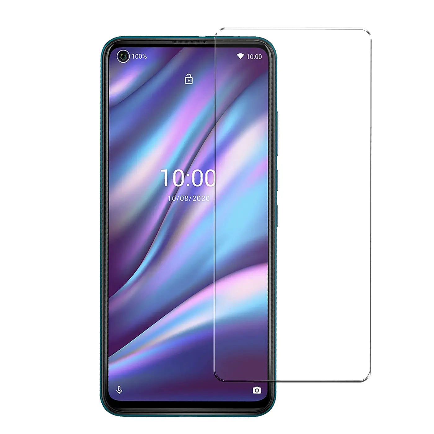 Wiko View 5 / View 5 Plus, dunkelgrün, frontal. Rechts daneben ein transparentes Panzerglas.