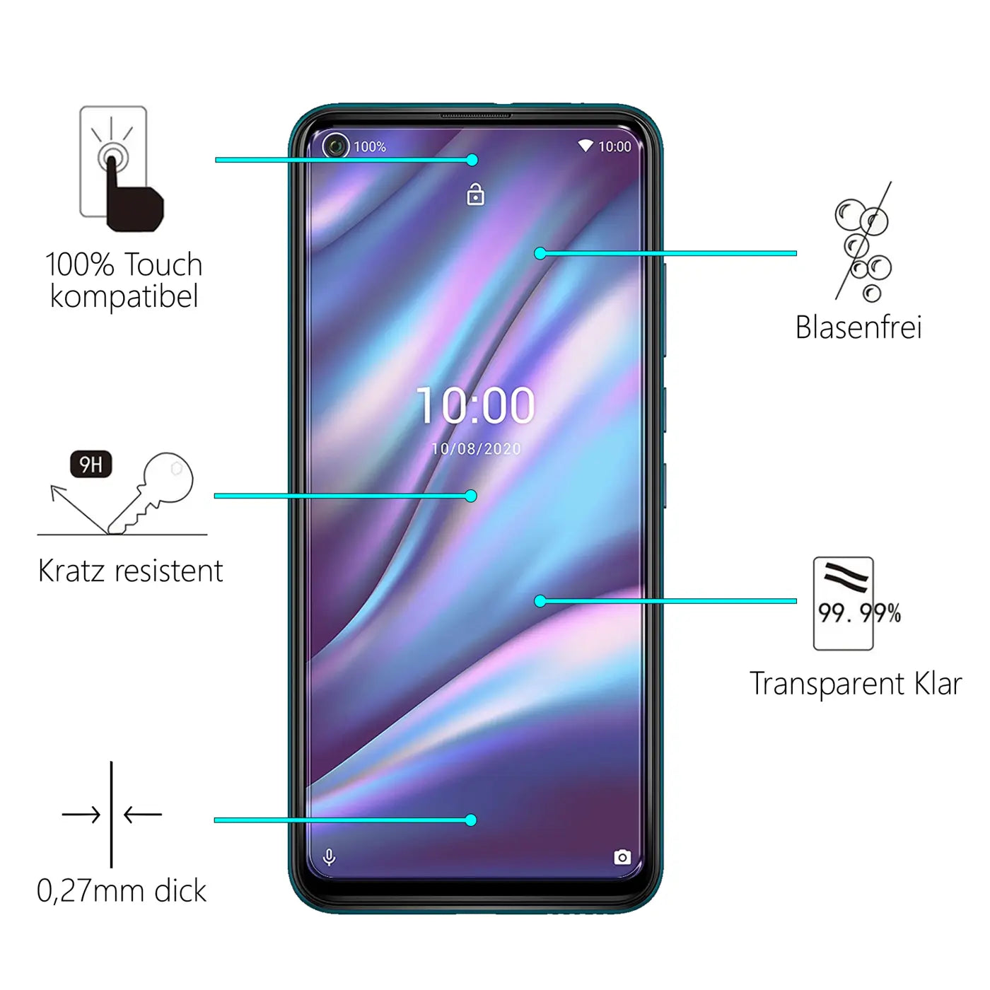 Wiko View 5 / View 5 Plus in dunkelgrün, frontal. Panzerglas-Displayschutz mit Eigenschaften wie 9H Härte, 0,27mm Dicke.