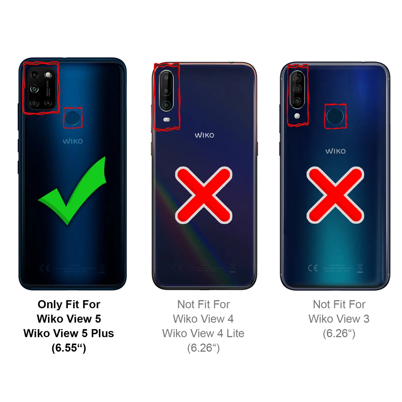 Rückansichten von drei blauen Wiko Smartphones mit Kameras und Fingerabdrucksensoren, teils mit Haken/Kreuz markiert.
