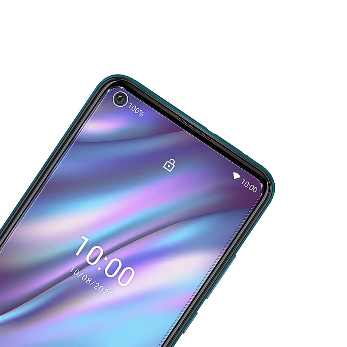 Nahaufnahme eines Wiko View 5/5 Plus Smartphones mit schwarzem Rahmen und Displayschutz, schräg von oben rechts.