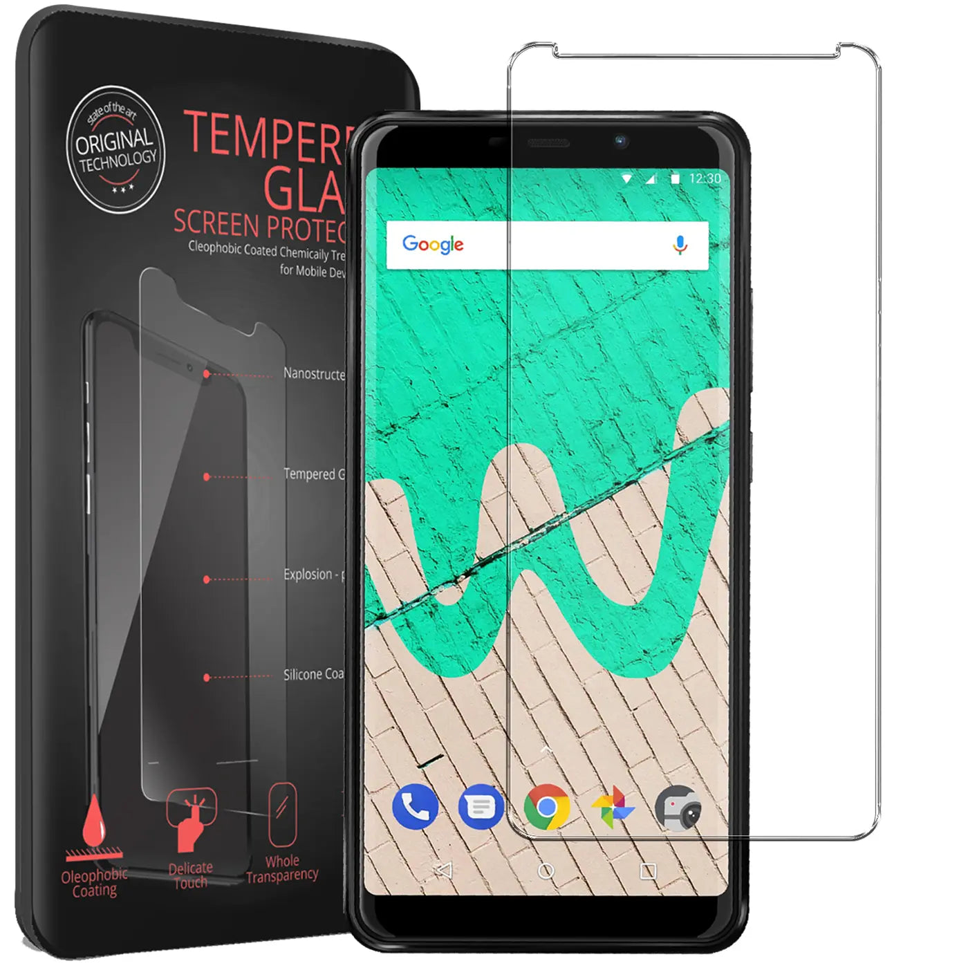 Schwarzes Wiko View Max Handy mit Display-Hintergrundbild, daneben 2 transparente Panzerglas-Displayschutzfolien und.