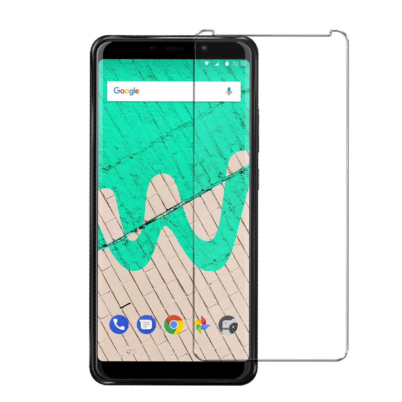 Schwarzes Wiko View Max Smartphone mit transparentem Panzerglas-Displayschutz von vorne, leicht rechts versetzt.