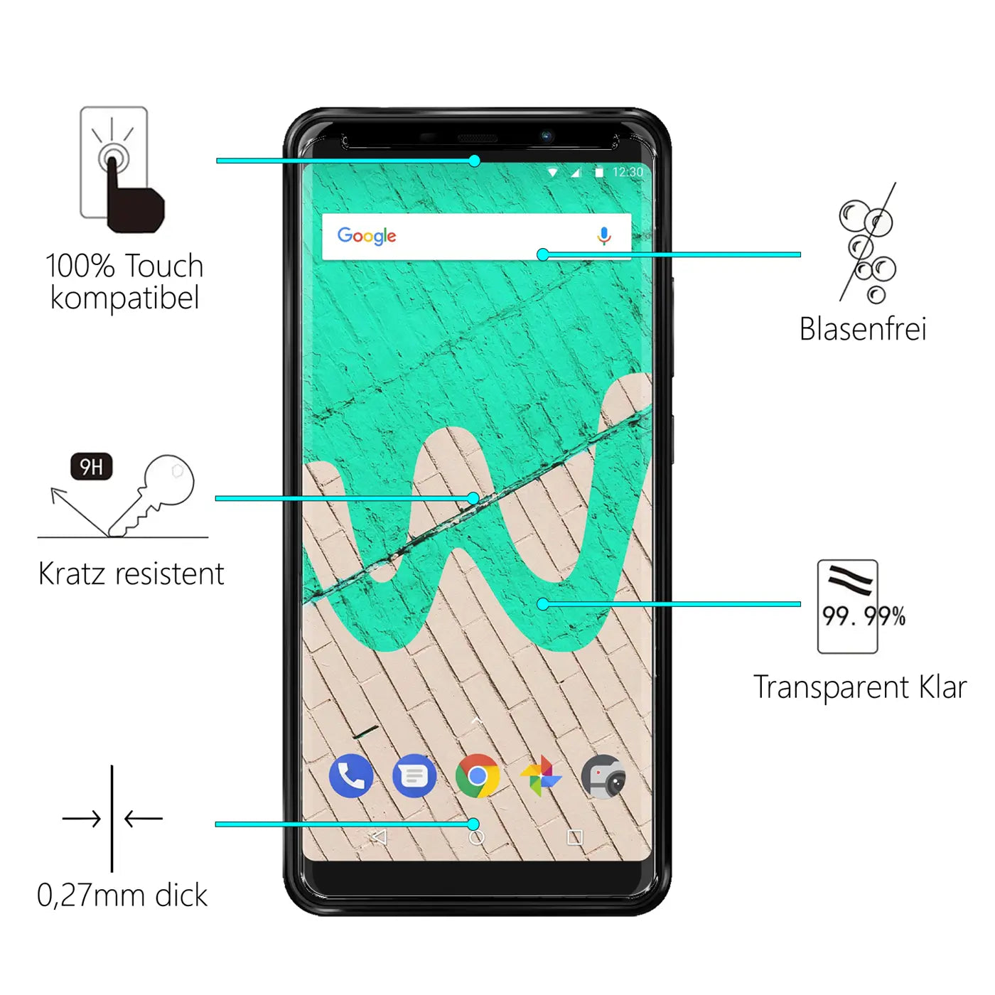 Schwarzes Wiko View Max Smartphone frontal, mit transparentem Panzerglas Displayschutz und Produktmerkmalen.