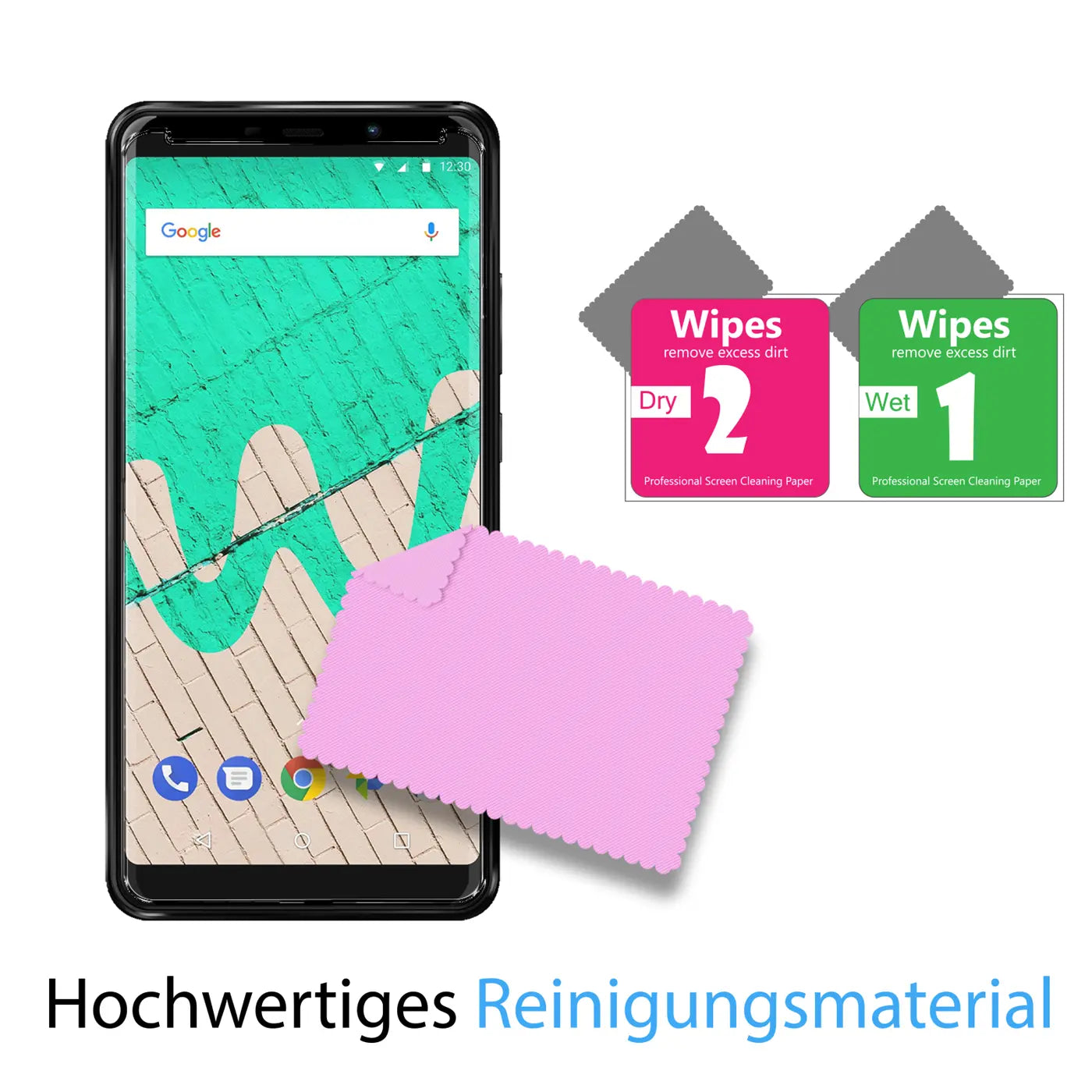 Schwarzes Wiko View Max Handy mit pinkem Mikrofasertuch und zwei Reinigungstüchern (Wet/Dry) auf weißem Hintergrund.