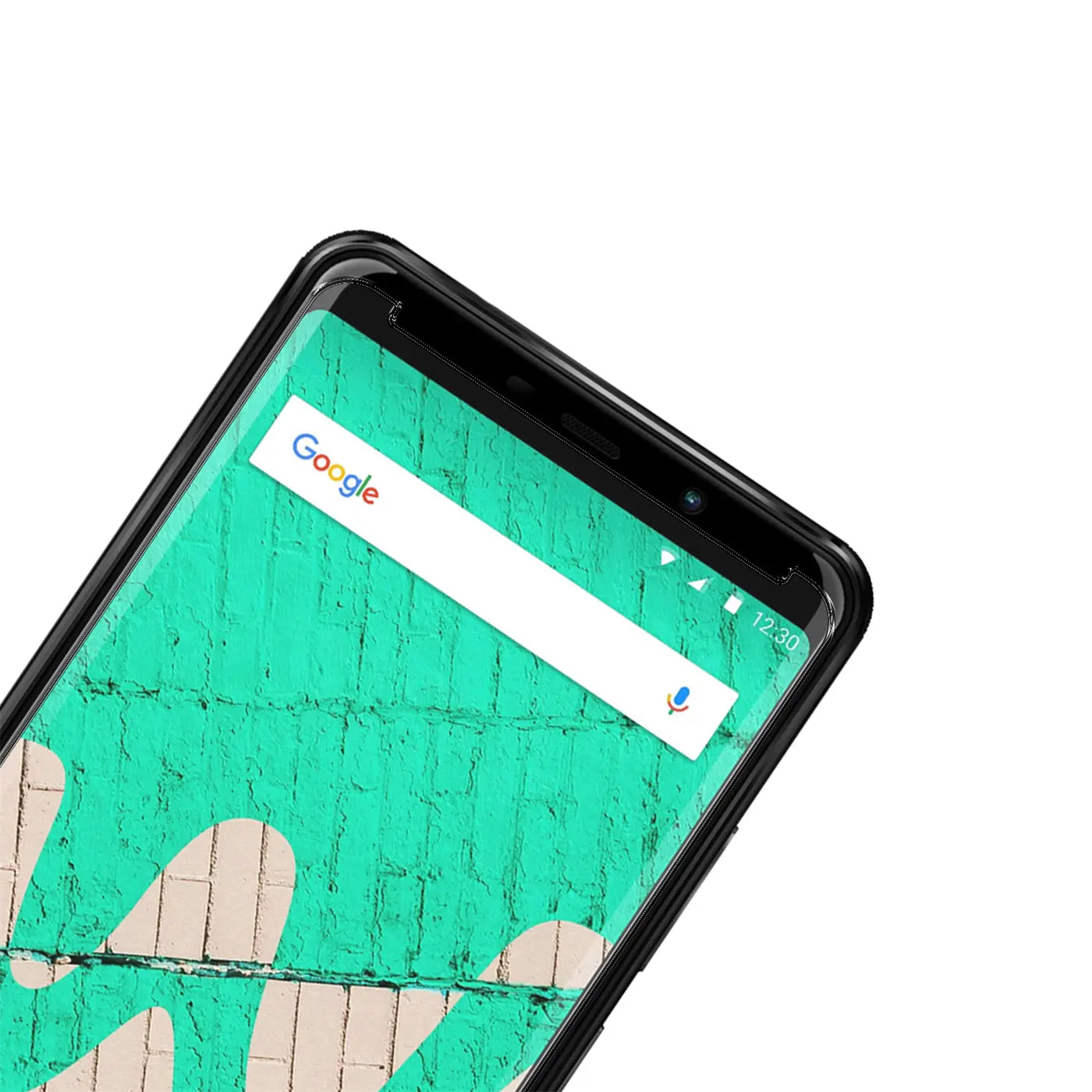 Schwarzes Wiko View Max Smartphone, schräg von oben rechts, mit glänzendem Panzerglas-Displayschutz.