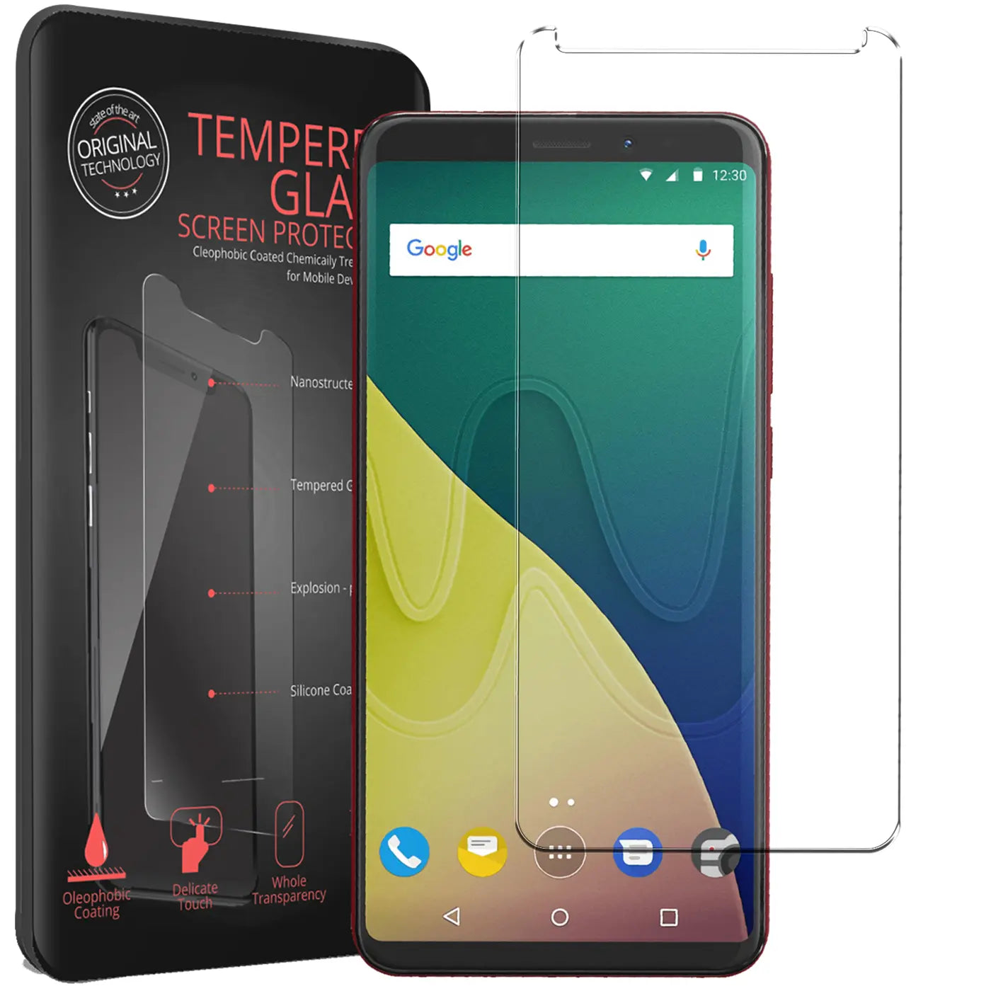 Schwarze Verpackung, rotes Wiko View Z Smartphone mit Displayschutzfolie und eine separate Folie, schräg von vorne.