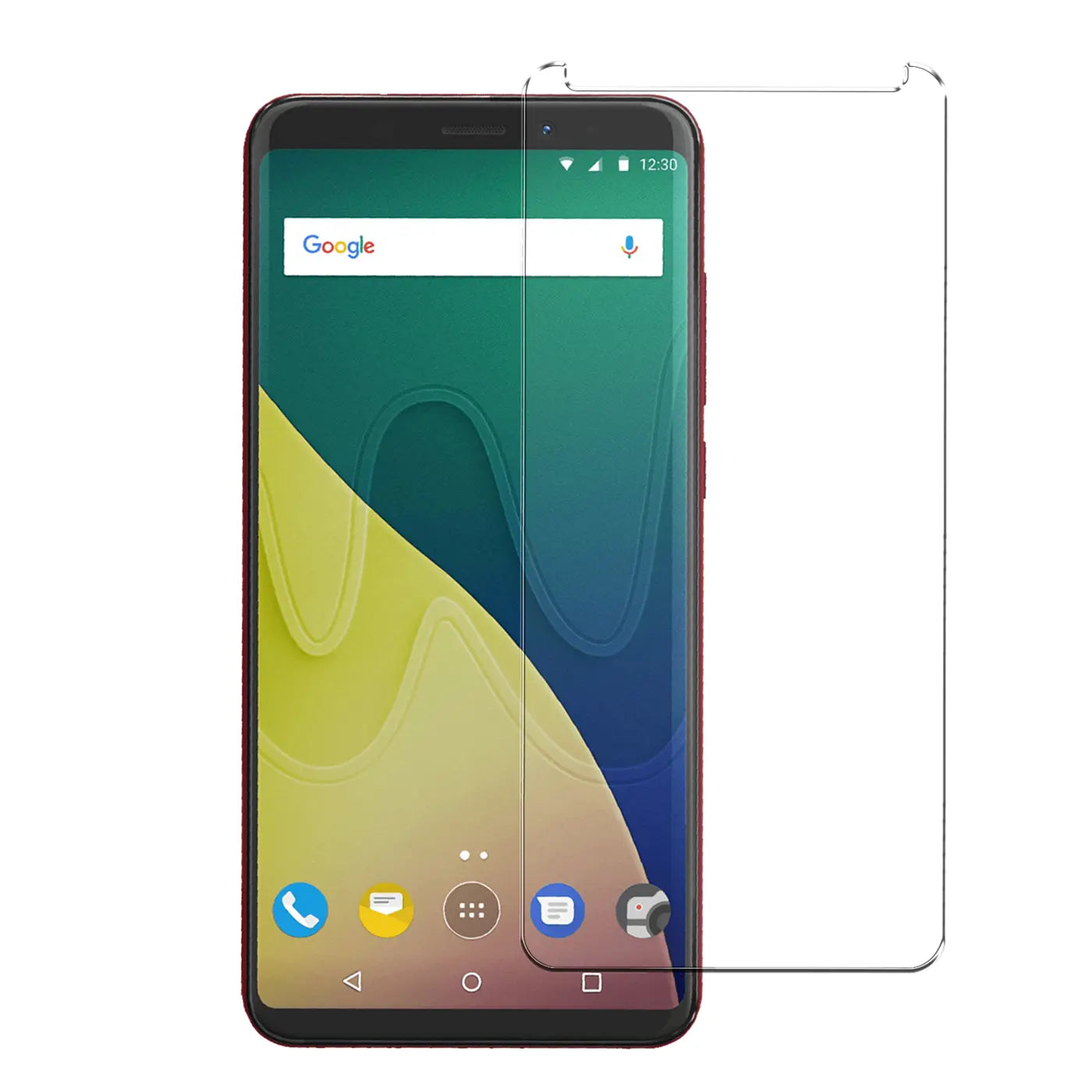 Wiko View Z Smartphone mit halb aufgelegtem, transparentem Panzerglas Displayschutz, frontal auf weißem Hintergrund.