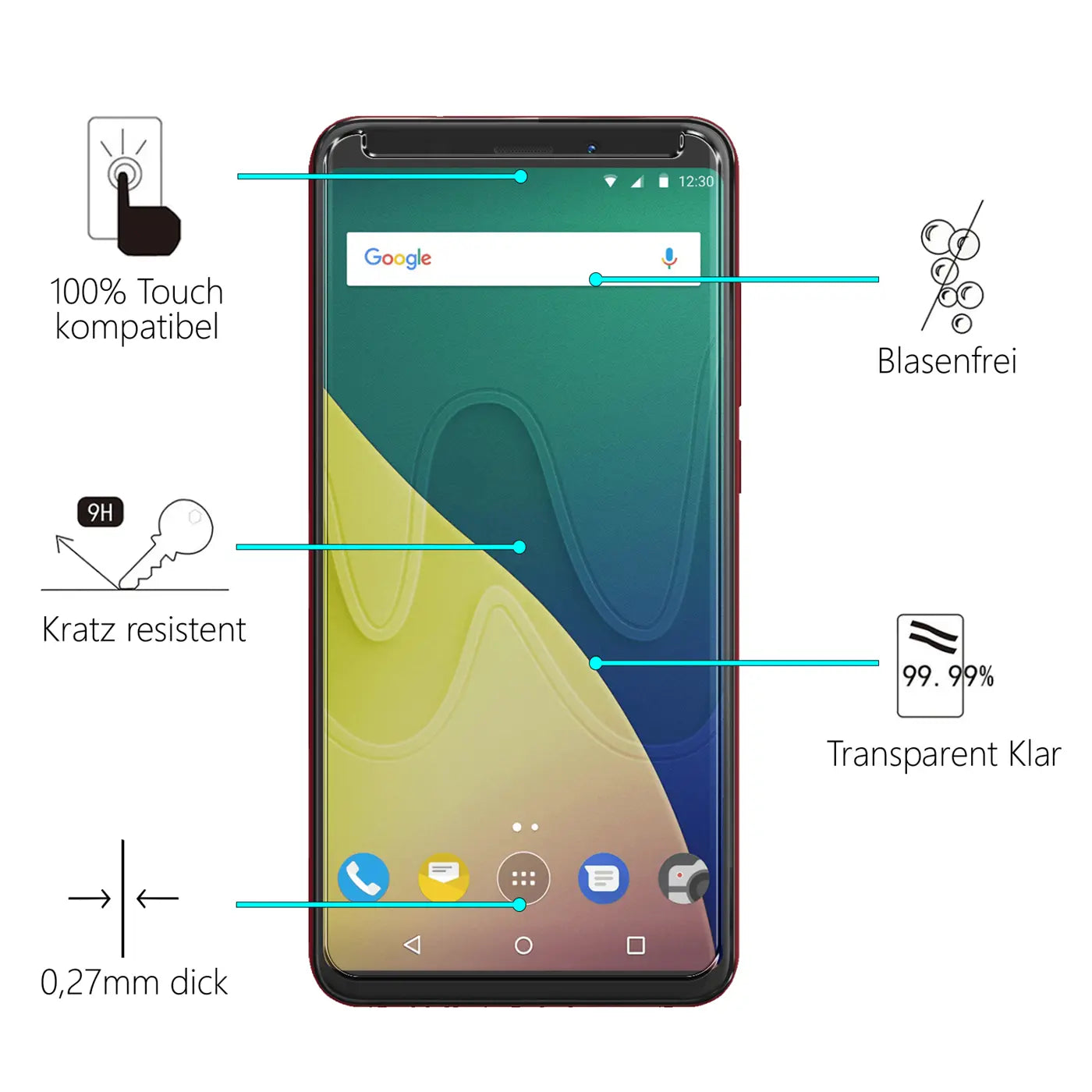 Wiko View Z Smartphone mit transparentem Panzerglas-Displayschutz, Frontansicht, weißer Hintergrund mit Eigenschaften.