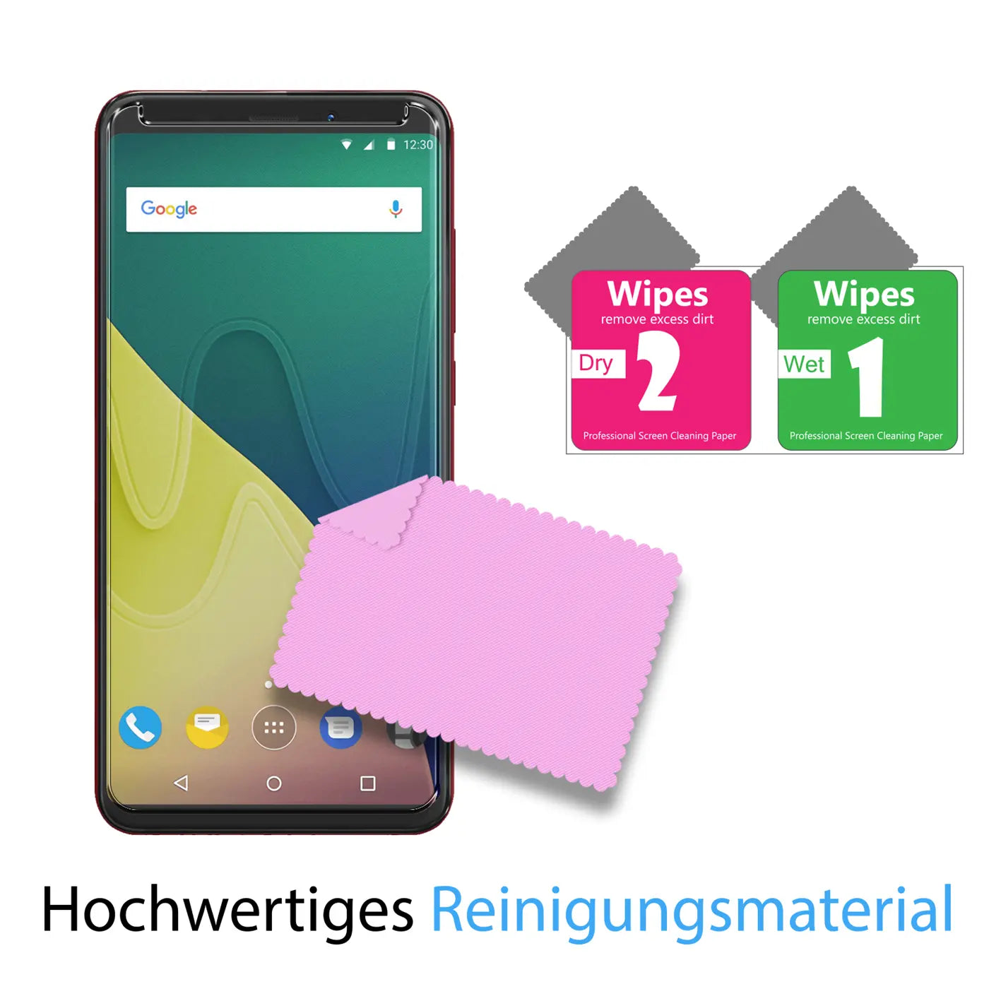Wiko View Z Smartphone mit rosa Mikrofasertuch und zwei Reinigungstüchern (Wet/Dry) auf weißem Hintergrund.