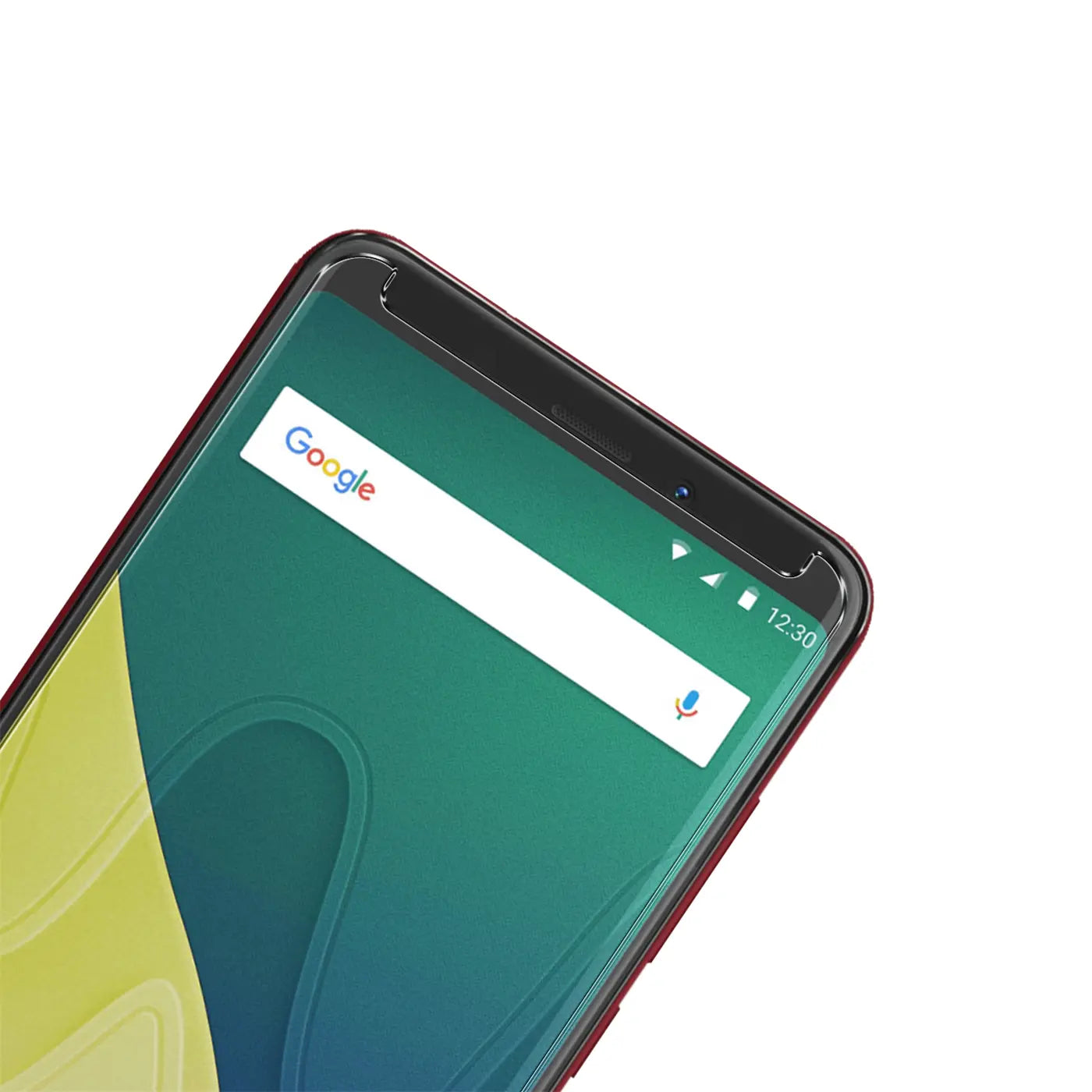Schrägansicht des oberen Bereichs eines roten Wiko View Z Smartphones mit transparentem Panzerglas-Displayschutz.