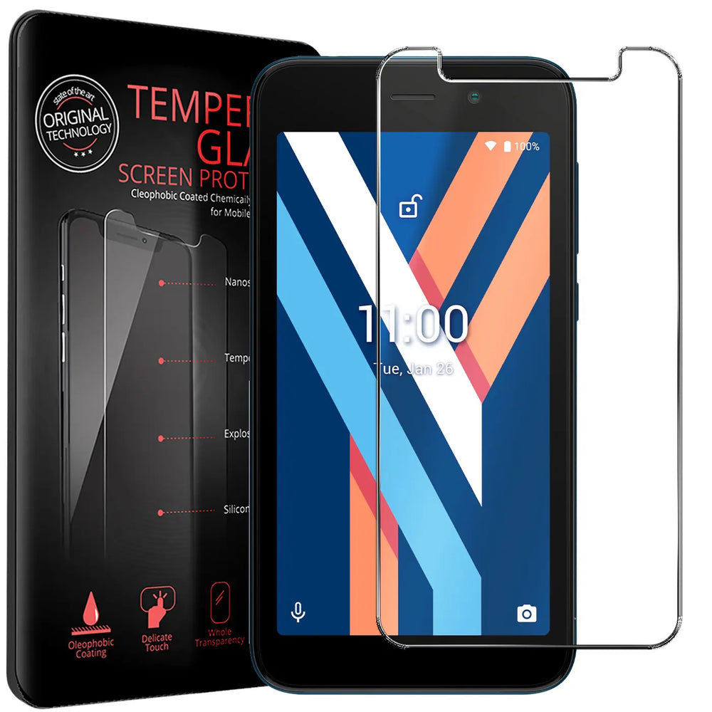 Schwarzes Wiko Y52 Smartphone mit Displayschutzfolie aus Panzerglas und schwarzer Verpackung, schräg von vorne.