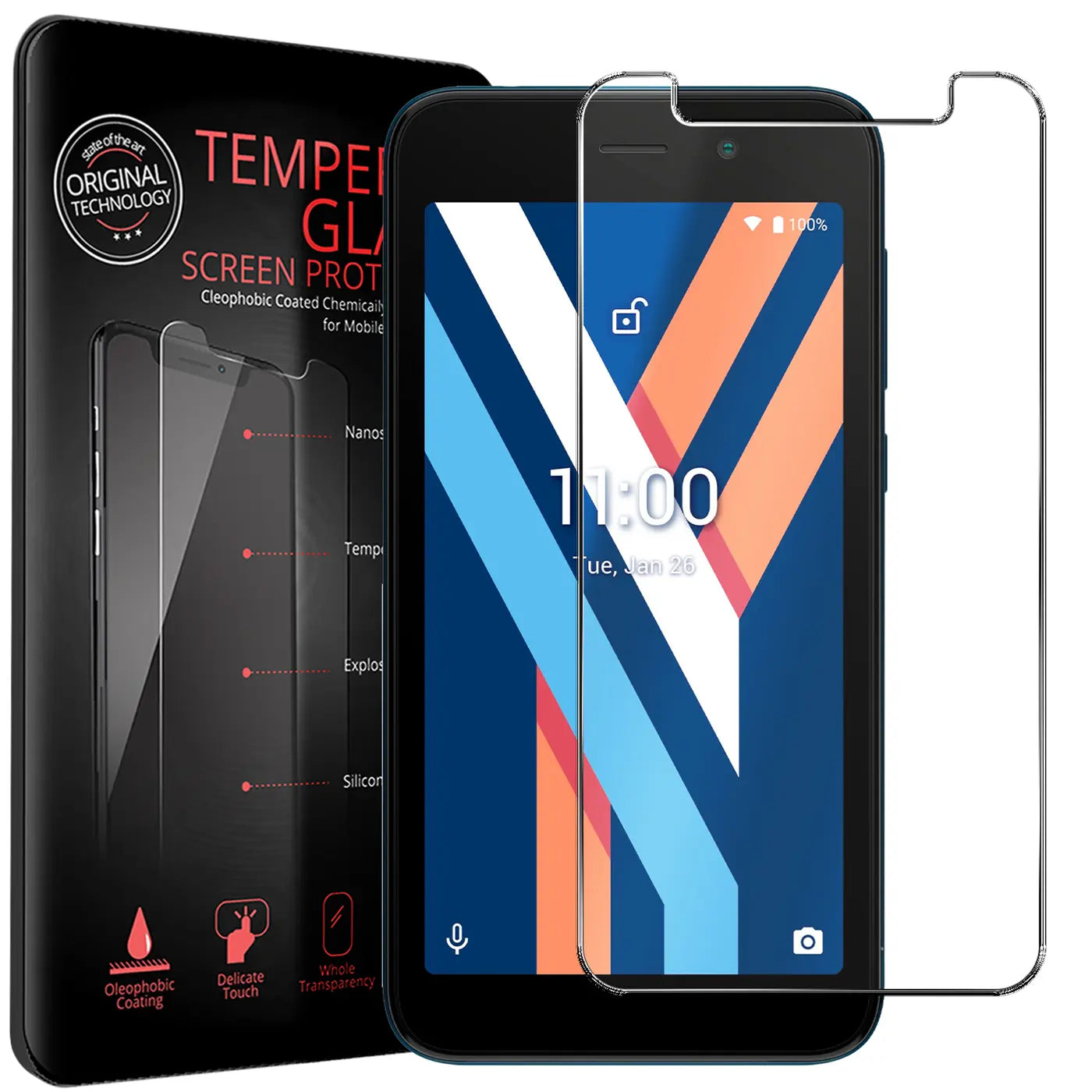 Schwarzes Wiko Y52 Smartphone mit Displayschutzfolie aus Panzerglas und schwarzer Verpackung, schräg von vorne.