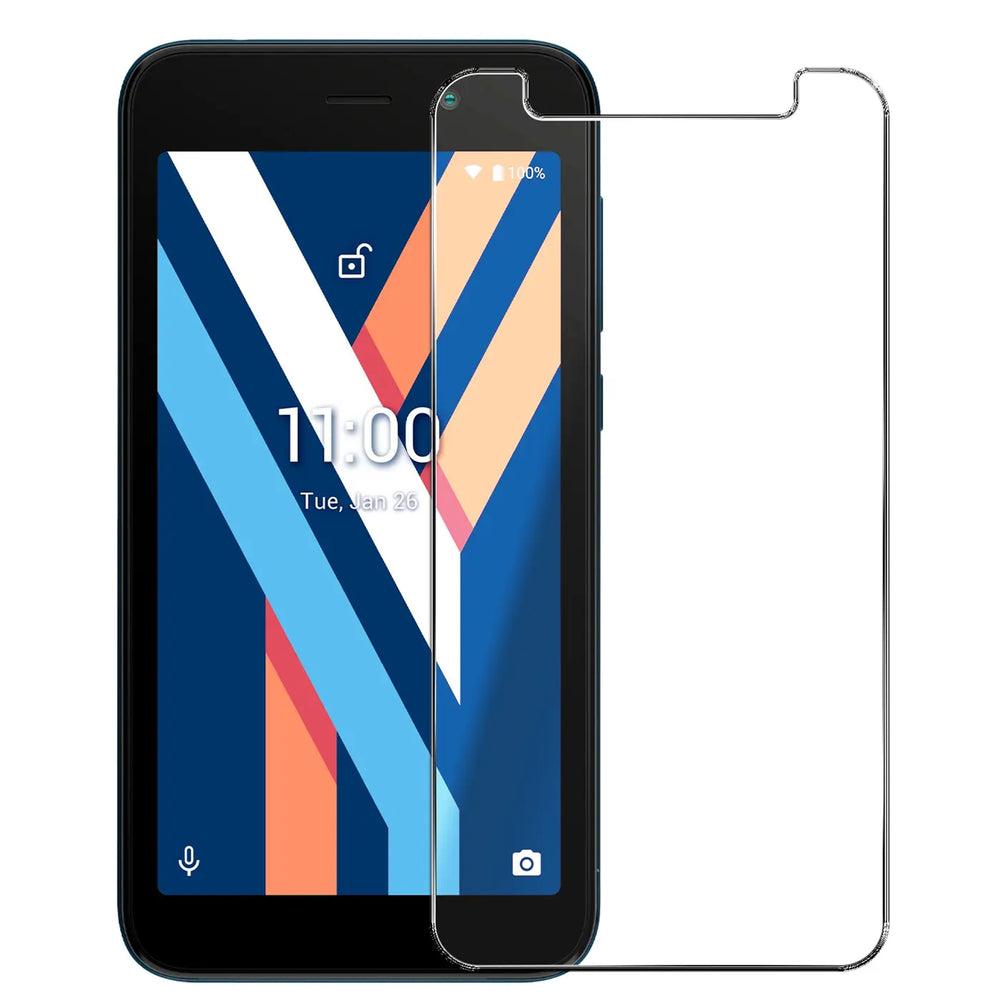 Schwarzes Wiko Y52 Smartphone mit transparentem Panzerglas-Displayschutz, von vorne, leicht nach rechts versetzt.