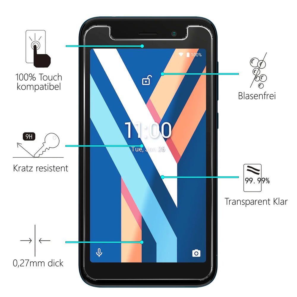 Vorderansicht eines schwarzen Wiko Y52 Smartphones mit transparentem Panzerglas, umgeben von 5 Piktogrammen mit Text.