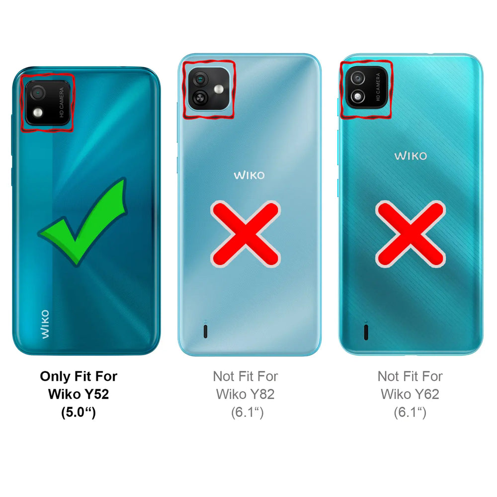 Drei Wiko Smartphones (Y52, Y82, Y62) von hinten, Türkis und Hellblau. Kameraausschnitte rot markiert.