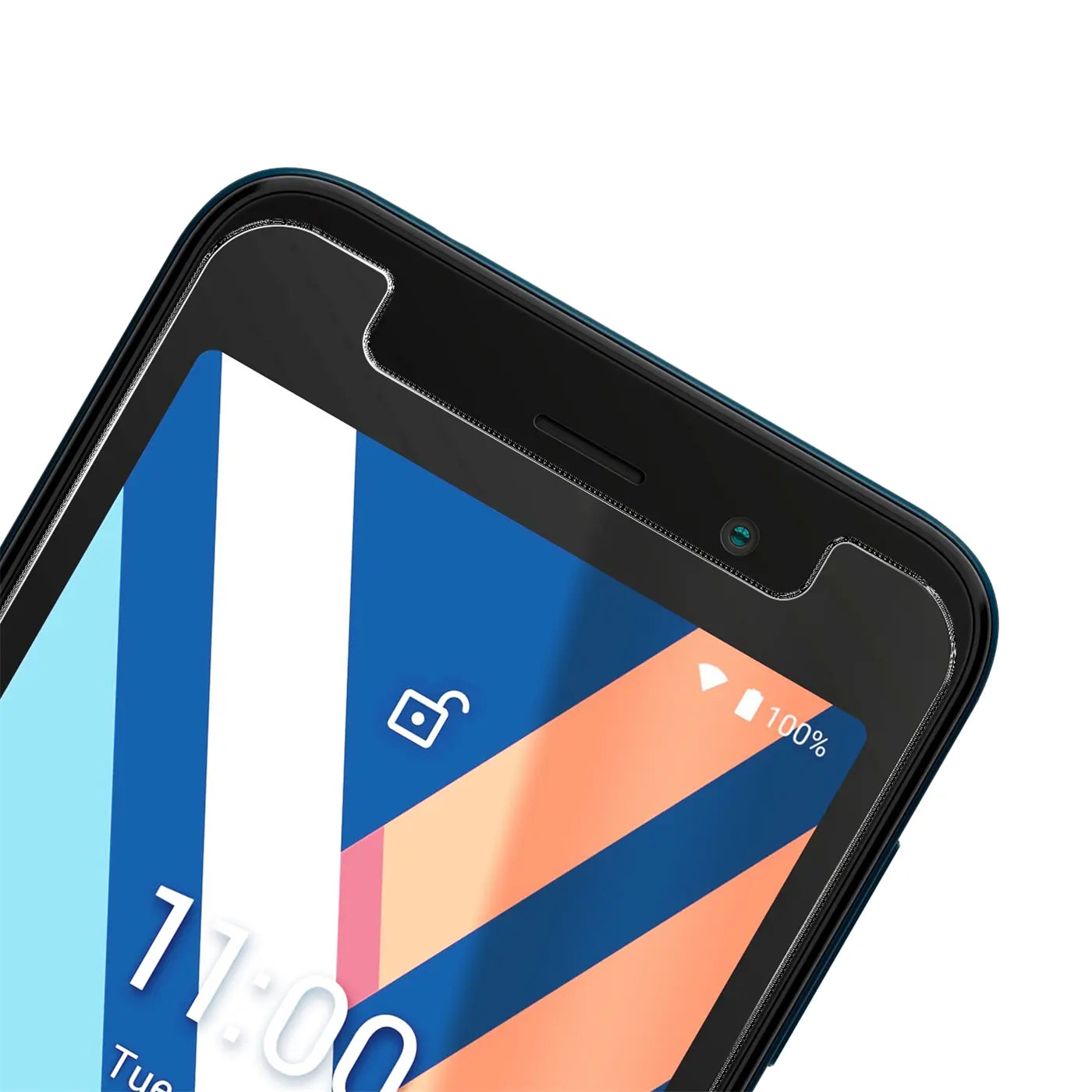 Nahaufnahme des oberen rechten Bereichs eines schwarzen Wiko Y52 Smartphones mit transparentem Panzerglas-Displayschutz.