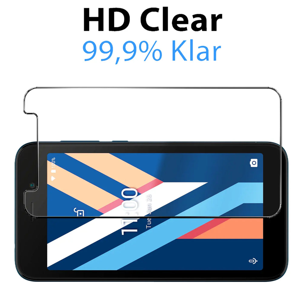 Klares Panzerglas-Displayschutz für Wiko Y52, von oben auf schwarzem Smartphone mit blauem Hintergrundbild.
