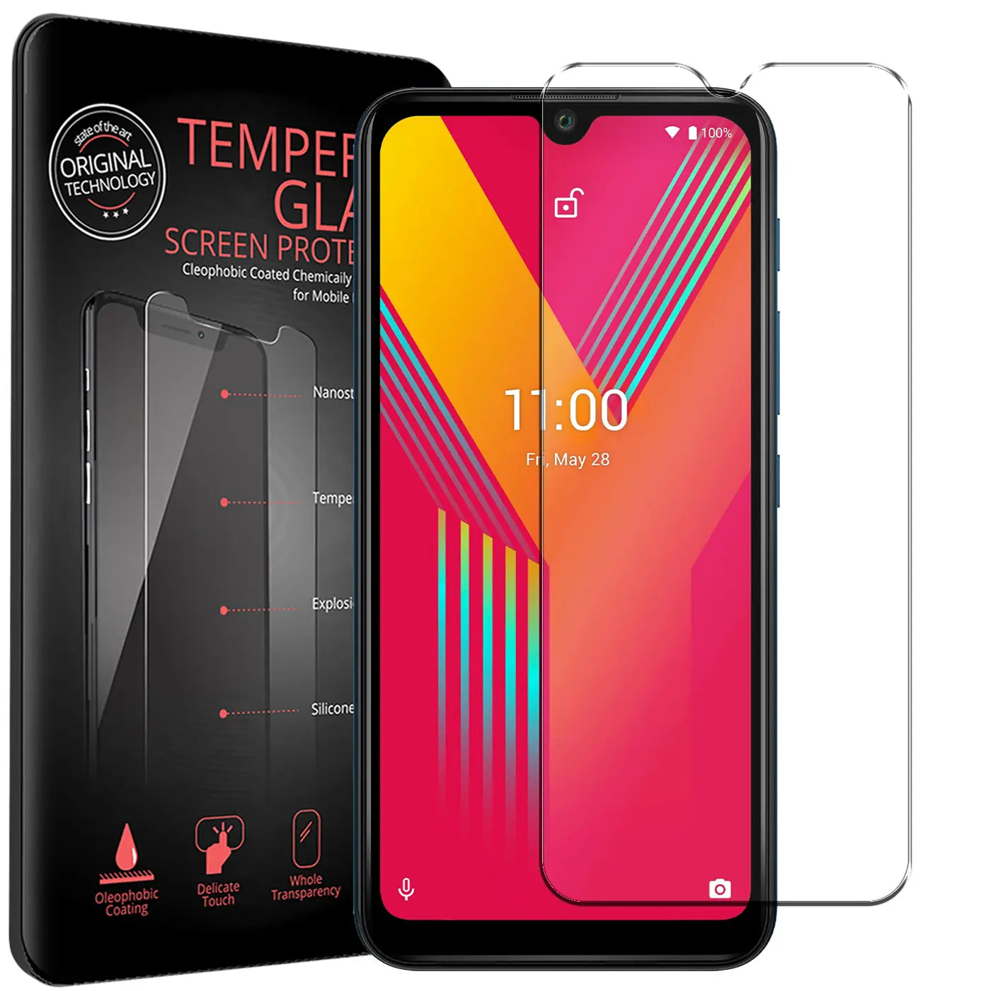 Schwarze Verpackung, Wiko Y62 mit Displayfolie und eine weitere Folie, schräg von vorne.
