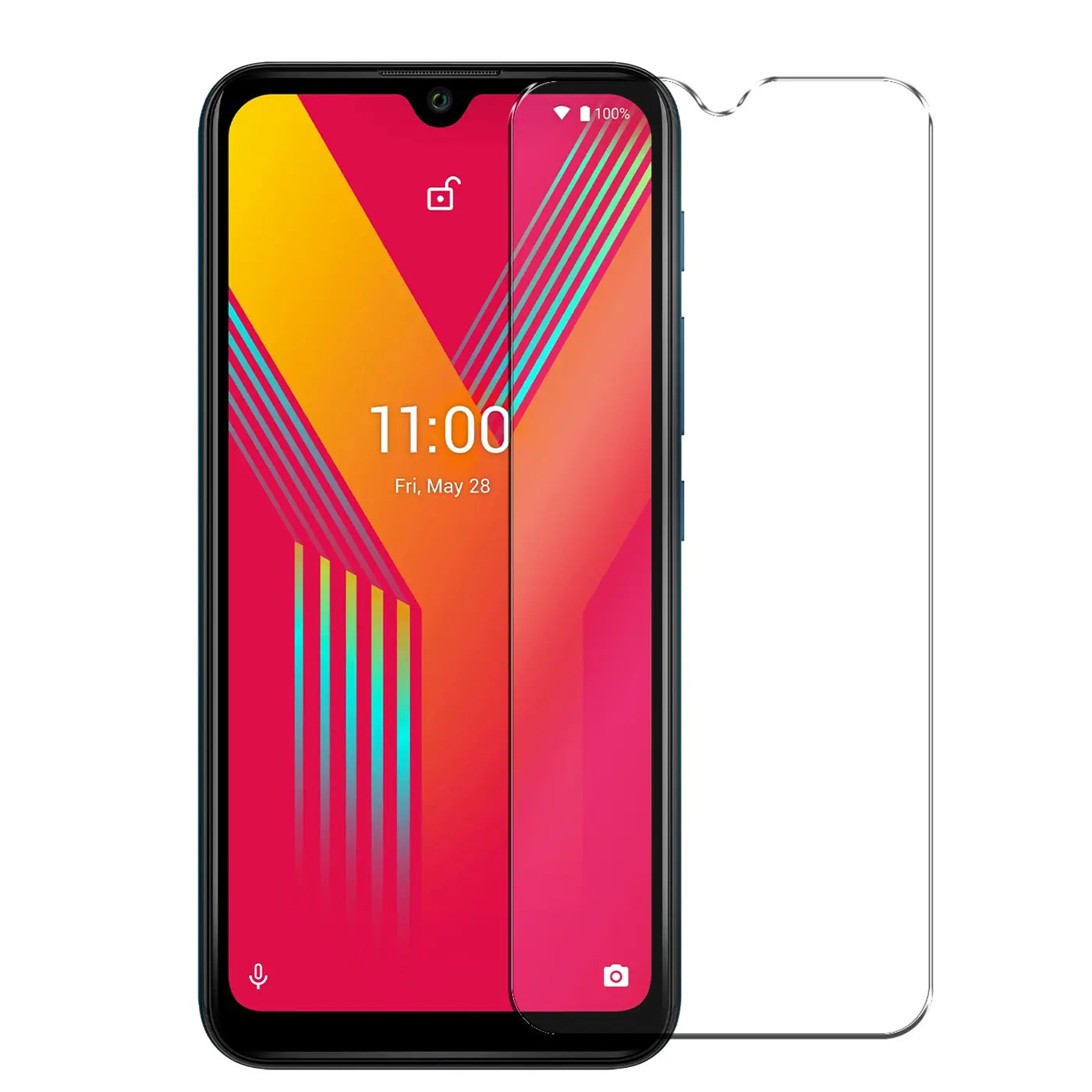 Wiko Y62 Smartphone mit teilw. aufgelegtem, transparentem Panzerglas Displayschutz (9H) von vorne.