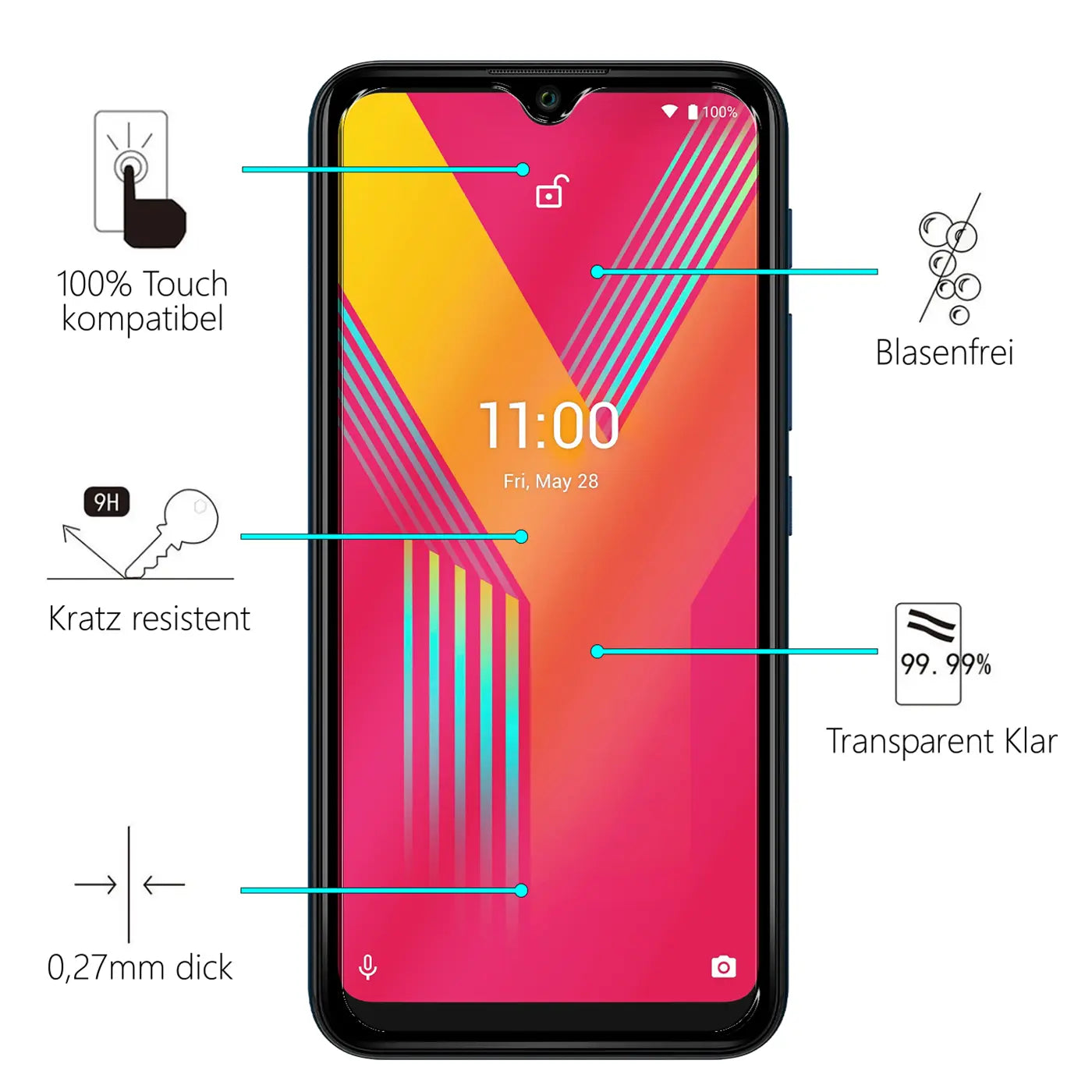 Wiko Y62 Smartphone mit Panzerglas-Displayschutz, frontal. Icons zeigen 100% Touch, kratzresistent, blasenfrei, transparent.