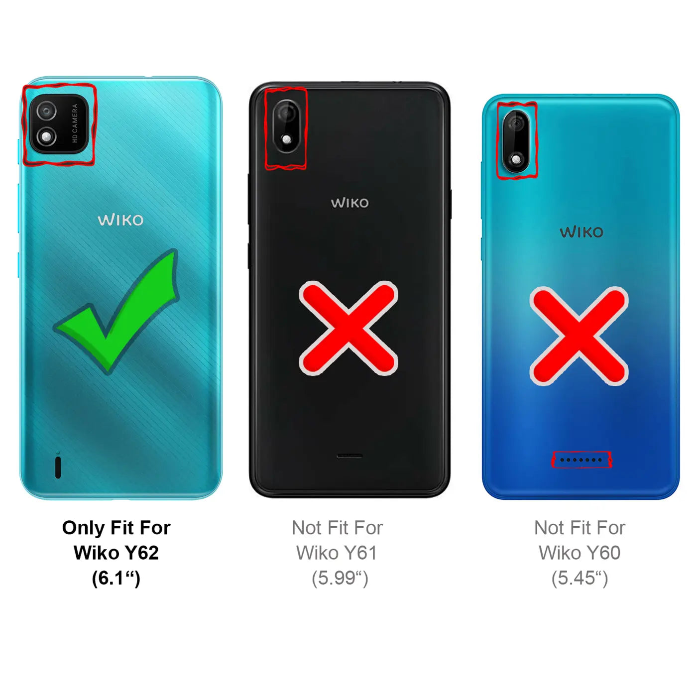 Rückseite von drei Wiko Smartphones (Y62, Y61, Y60) in Türkis, Schwarz, Blau. Zeigt Kamera- und Lautsprecher-Layout.