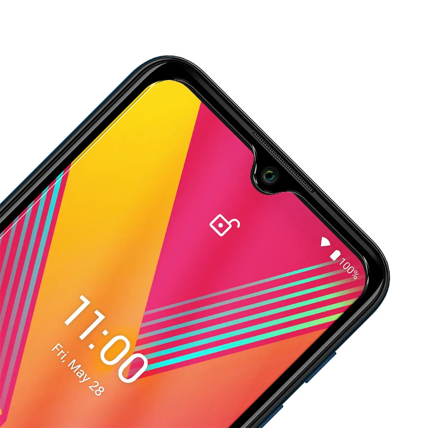 Nahaufnahme des oberen Bereichs eines Wiko Y62 Smartphones mit installiertem, transparentem Panzerglas Displayschutz.