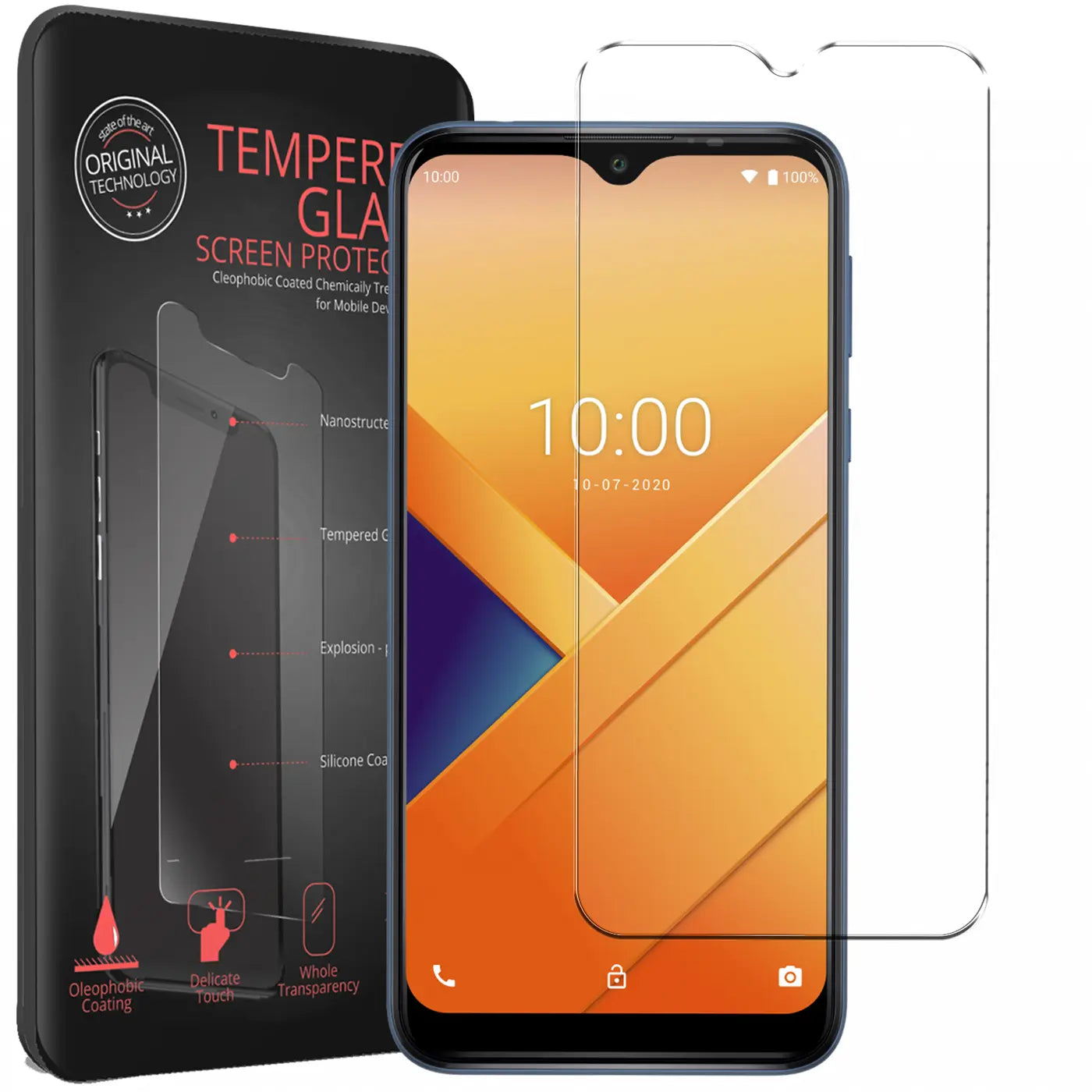 Schwarze Verpackung mit Panzerglas-Info, daneben ein Wiko Y81 Smartphone und zwei transparente Panzergläser.