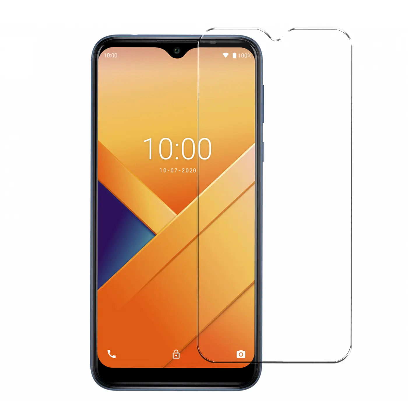 Wiko Y81 Smartphone mit aufgelegtem Panzerglas Displayschutz, daneben ein zweites Panzerglas, Vorderansicht.