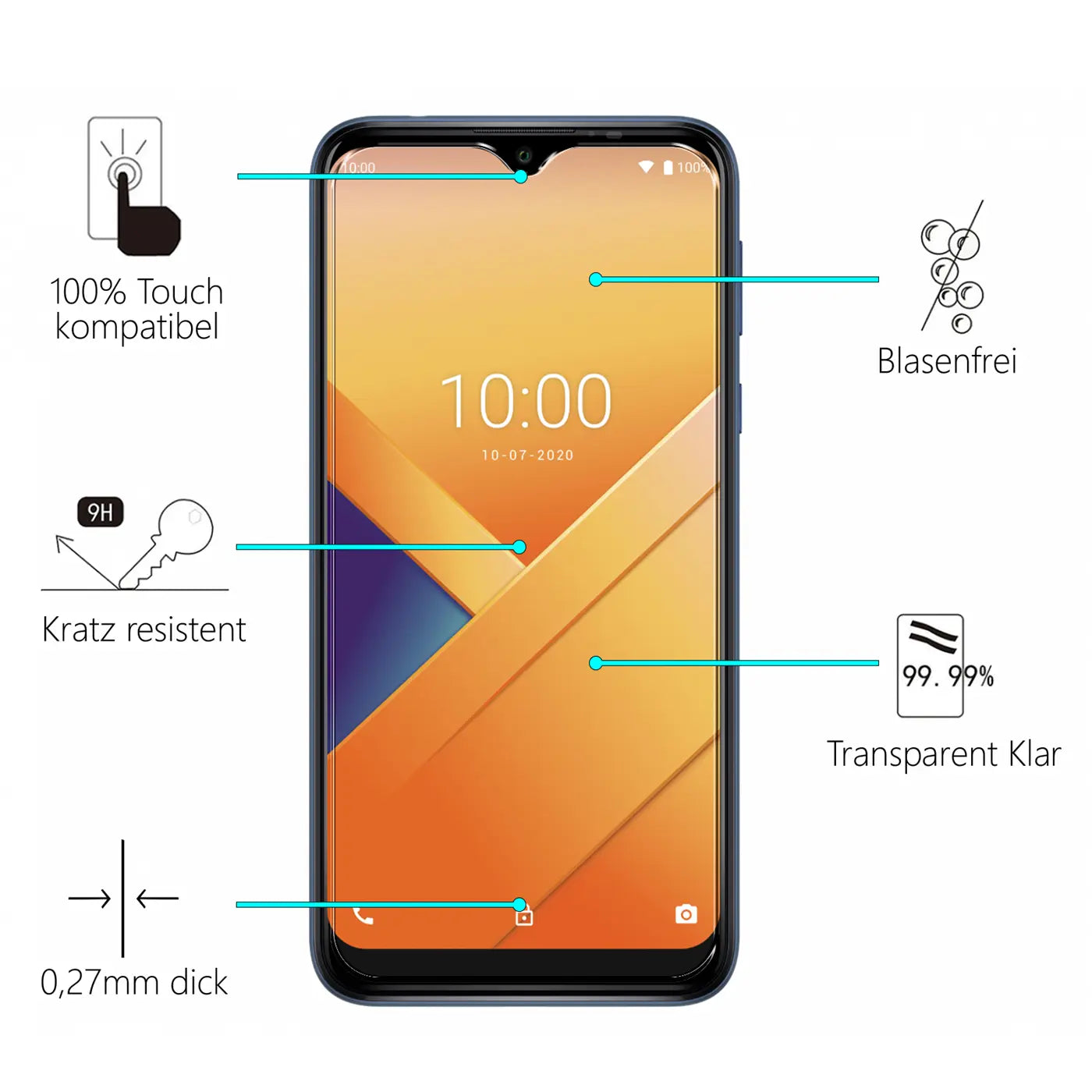 Wiko Y81 Smartphone, frontal, dunkelblau, mit orange-blauem Display und Infografiken zu Displayschutz-Eigenschaften.