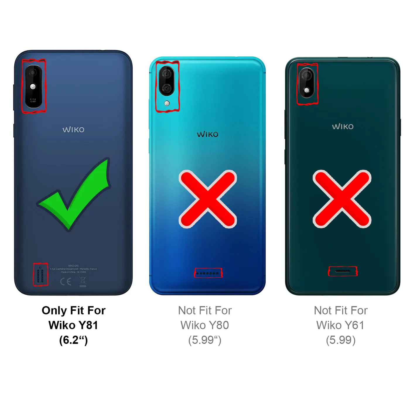 Drei Wiko Smartphones (Y81, Y80, Y61) von hinten, dunkelblau, blau und dunkelgrün, zeigen Passgenauigkeit.
