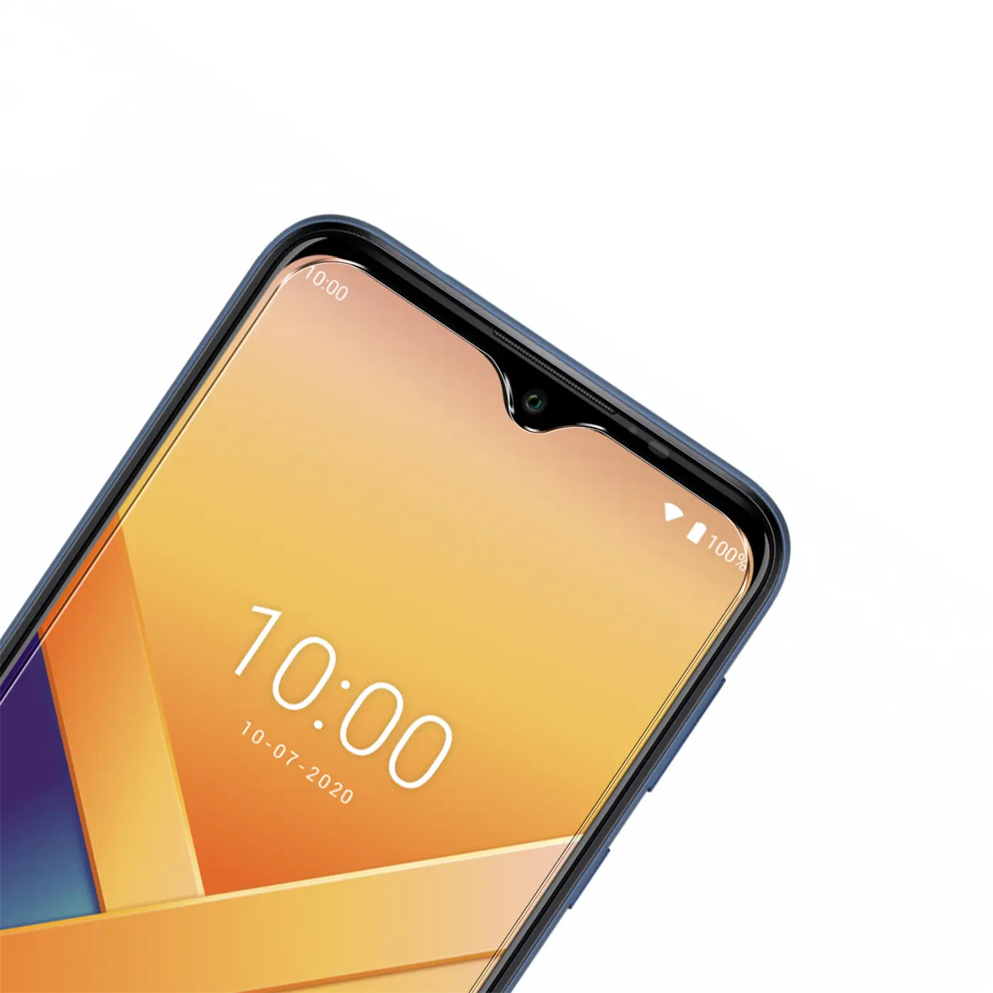 Nahaufnahme eines Wiko Y81 Smartphones mit schwarzem Rahmen, schräg von oben. Das Display zeigt Uhrzeit 10:00.