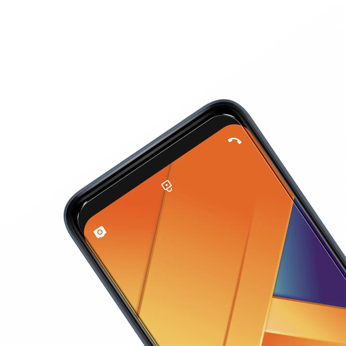 Nahaufnahme eines Wiko Y81 Smartphones mit schwarzem Rahmen und orange-blauem Display, schräg von oben rechts.
