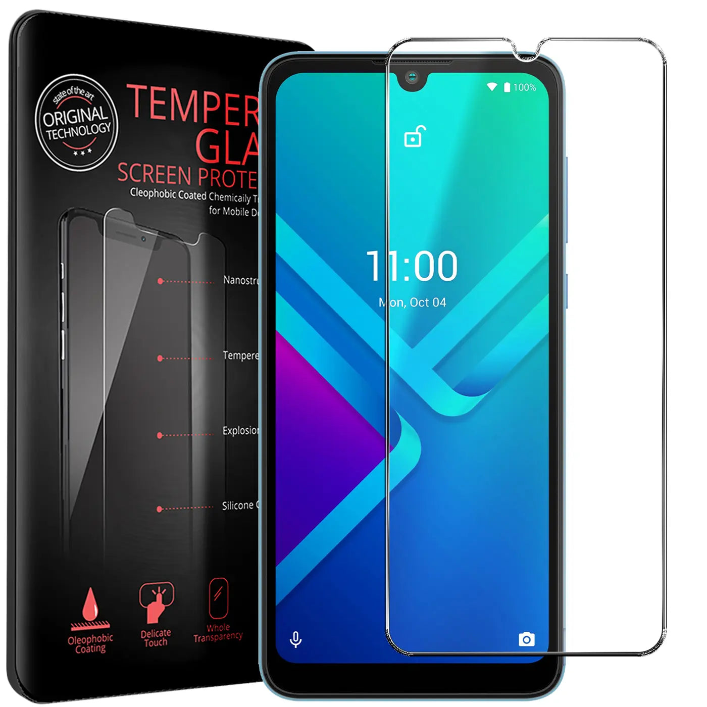 Schwarze Verpackung, Wiko Y82 Smartphone und ein klares Panzerglas Displayschutz von vorne, leicht schräg.