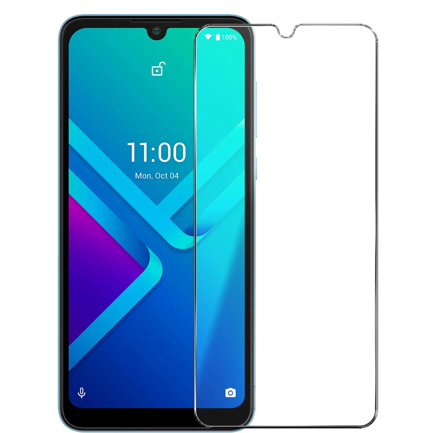 Wiko Y82 Smartphone mit blauem Display und daneben liegendem, transparentem Panzerglas Displayschutz, schräg von oben.