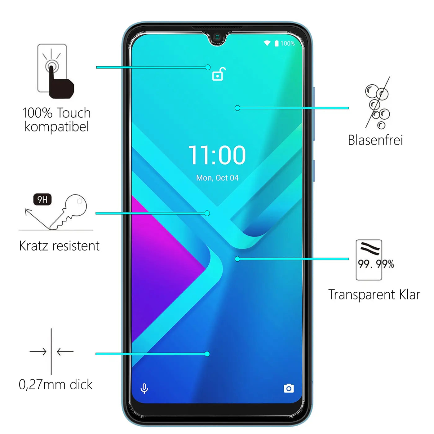 Blaues Wiko Y82 Smartphone von vorne mit transparentem Panzerglas-Displayschutz und Infografiken zu dessen Eigenschaften.