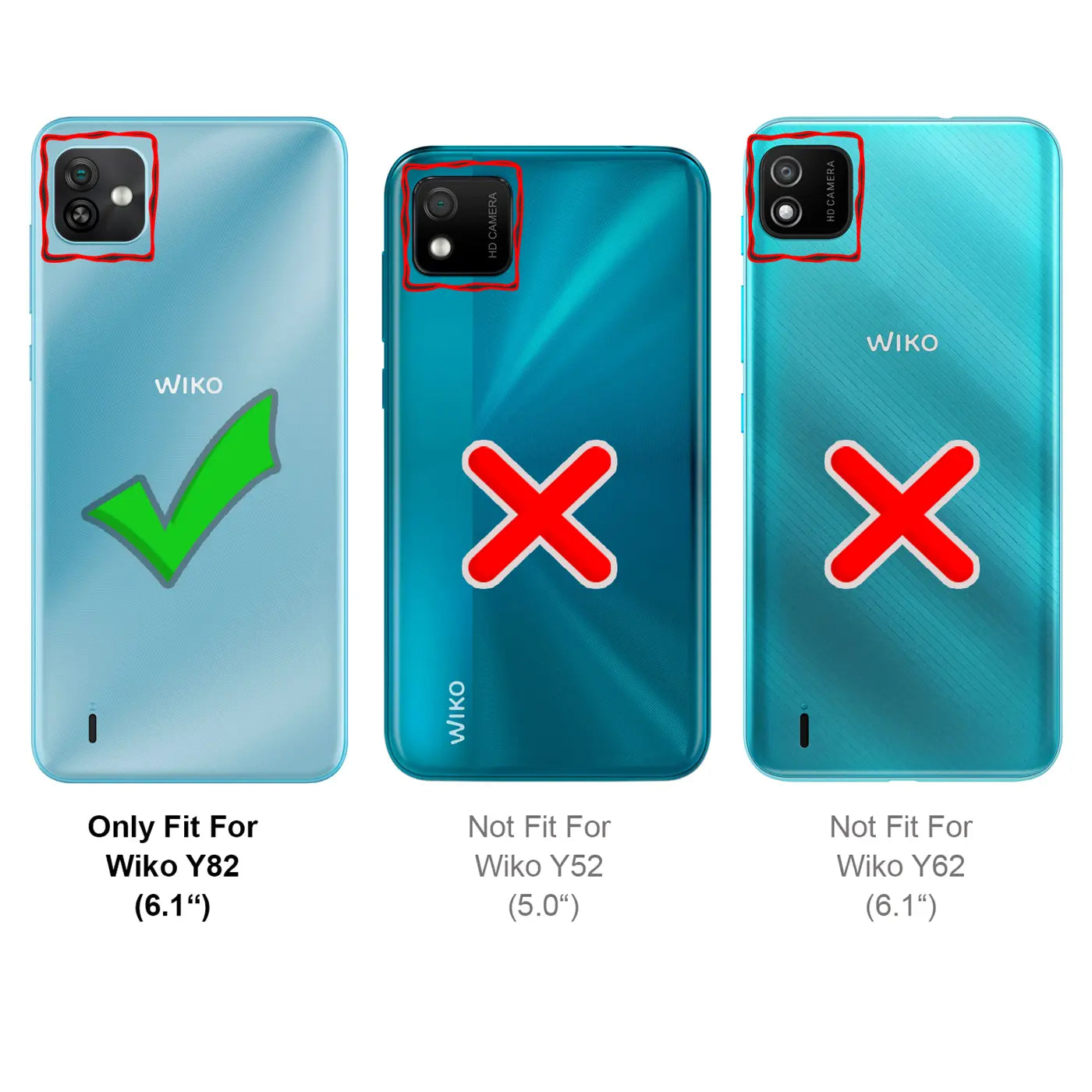 Drei Wiko Smartphones (Y82, Y52, Y62) von hinten, zeigen Kameraausschnitte und Passform für Displayschutz.