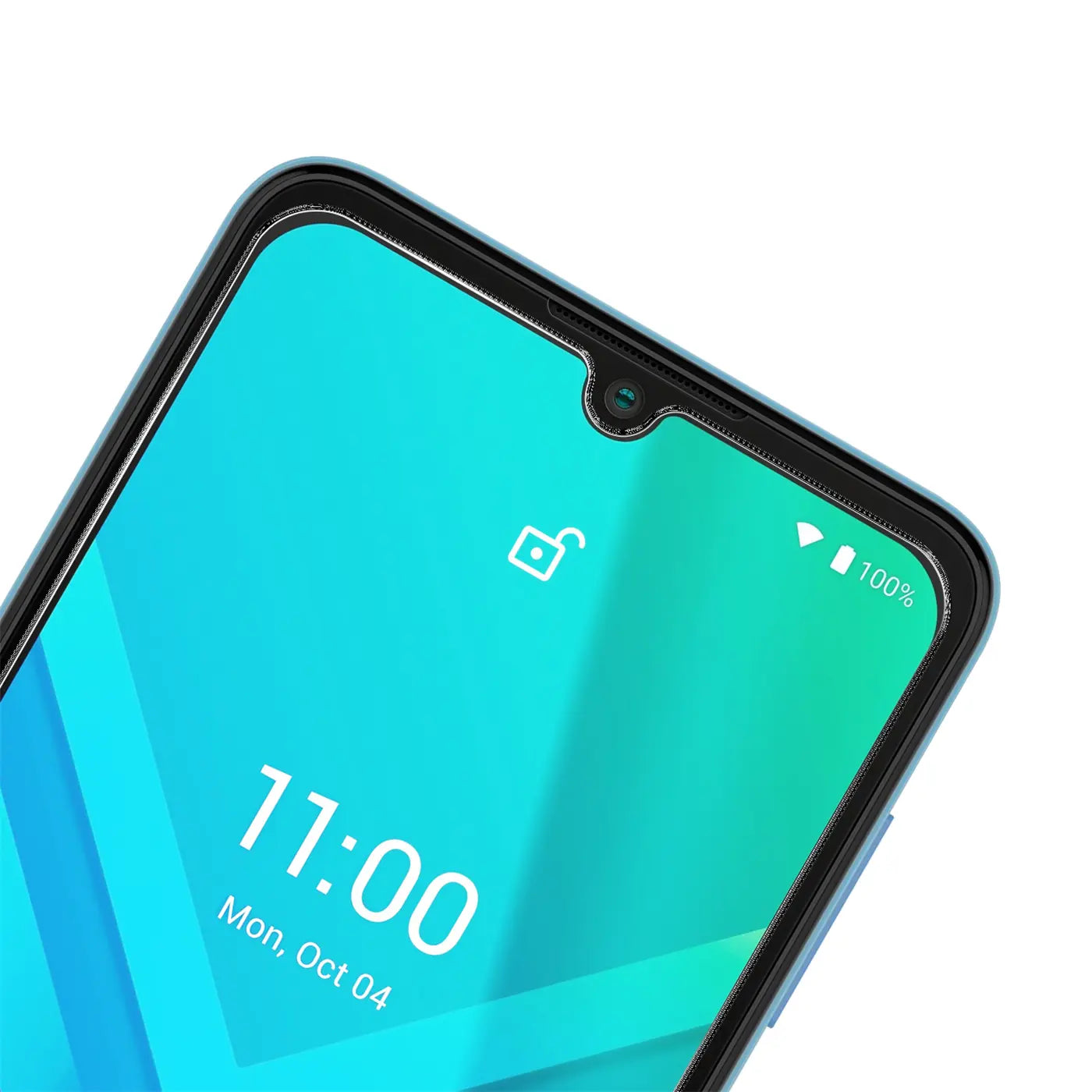Nahaufnahme des oberen Bereichs eines blauen Wiko Y82 Smartphones mit schwarzem Panzerglas-Displayschutz.