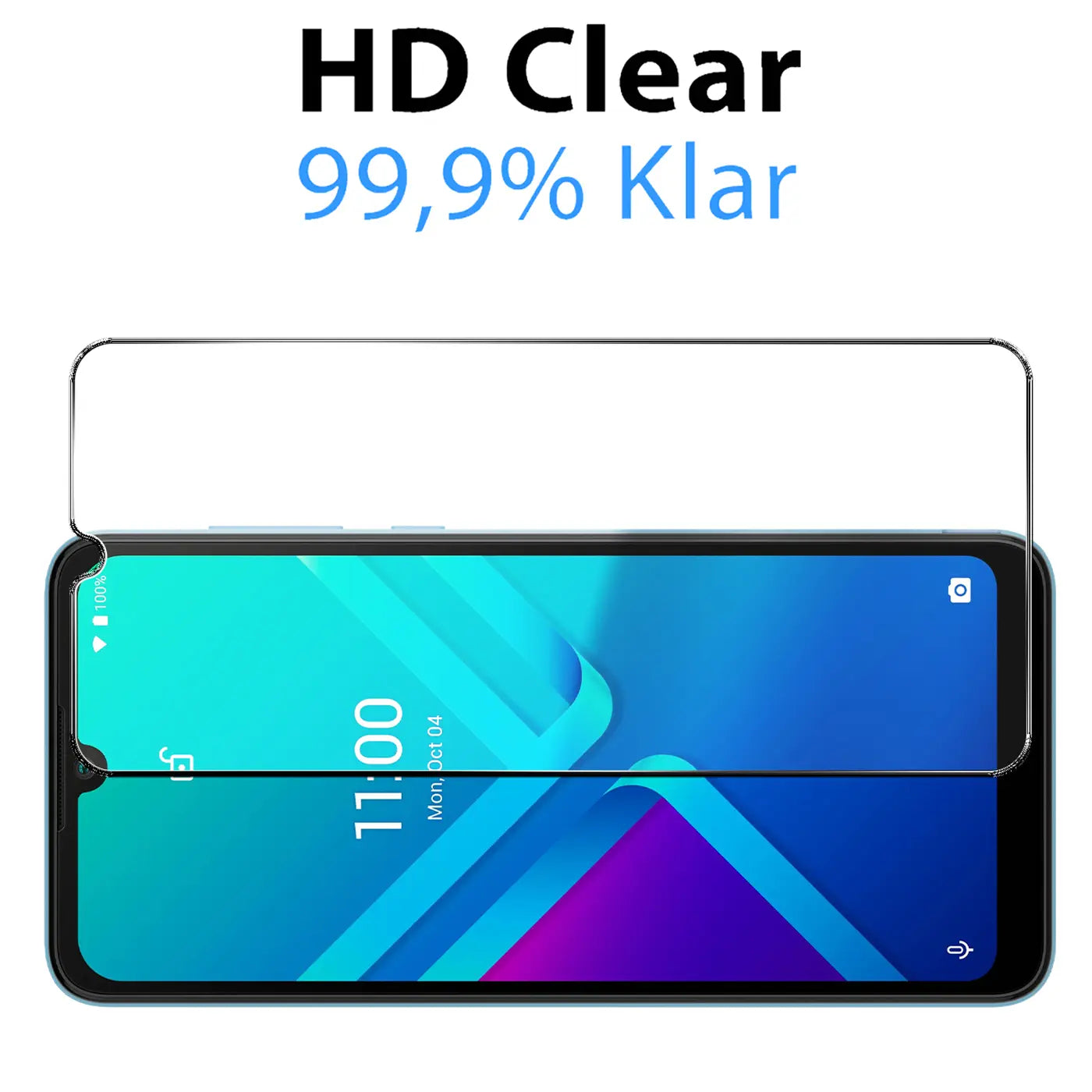 Klares Panzerglas für Wiko Y82, von vorne gesehen, über dem Display eines schwarzen Smartphones schwebend.