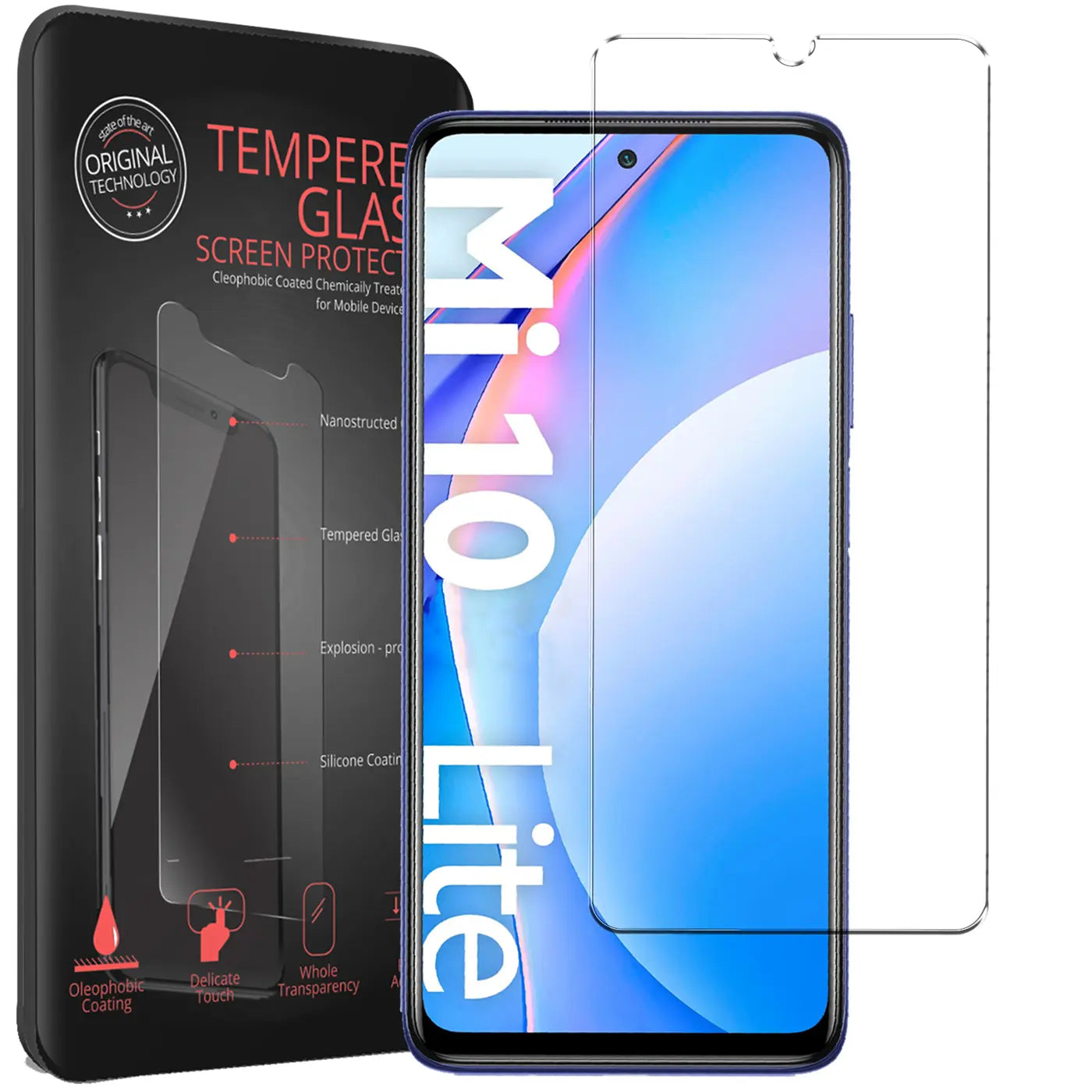 Zwei transparente Panzerglas-Displayschutzfolien für Xiaomi Mi 10 Lite, eine auf dem Handy, eine daneben.